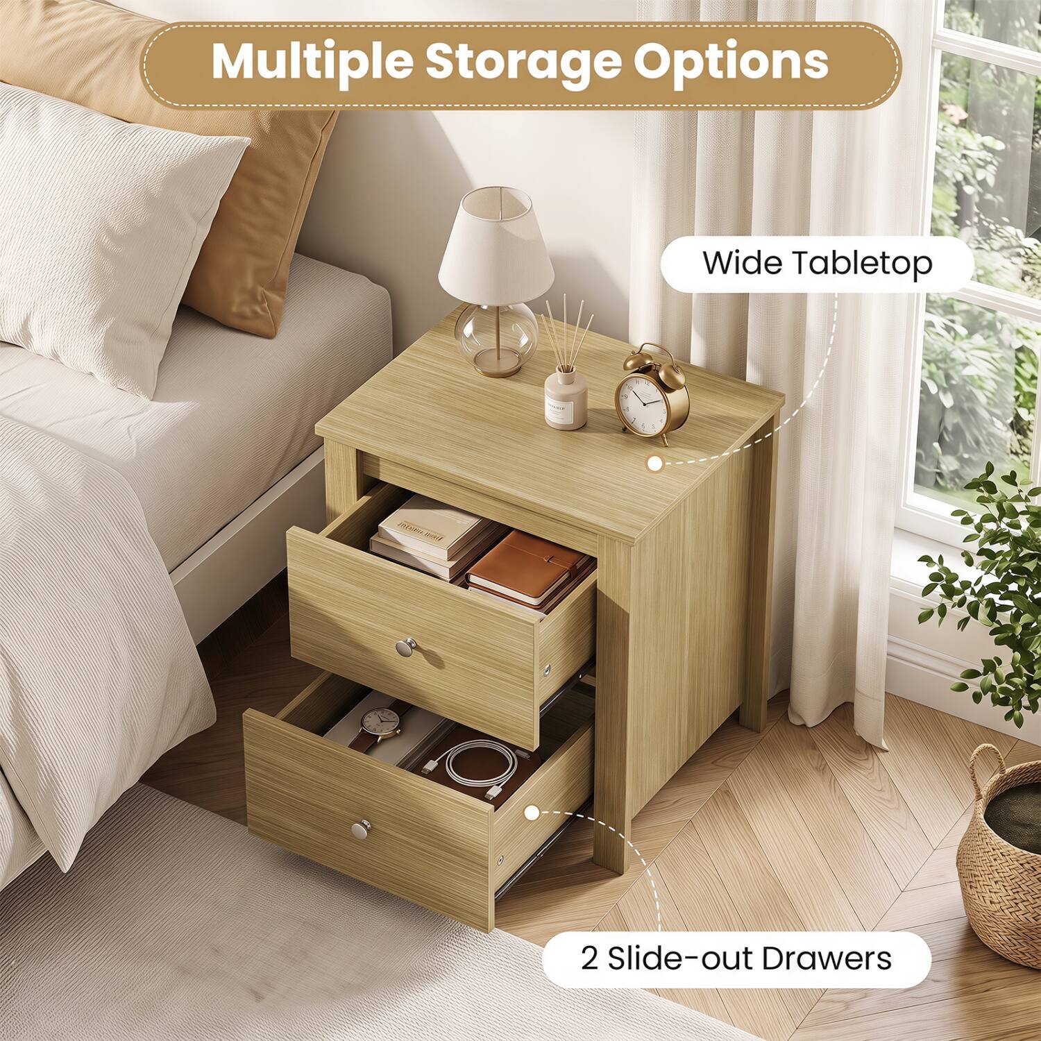 Multiple Storage Options

Wide Tabletop

2 Slide-out Drawers