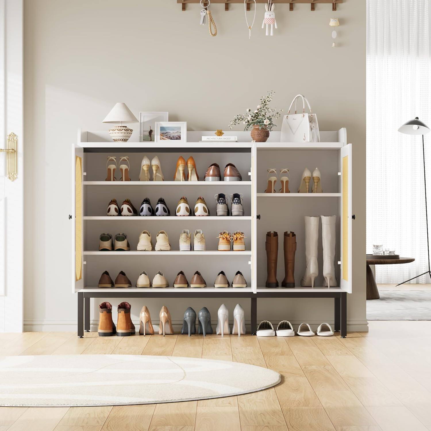 Alt View 5. Homhougo - 7-Tier Rattan Shoe Cabinet – Freestanding Shoe Storage Organizer with 3 Rattan Doors and Adjustable Shelves - White.