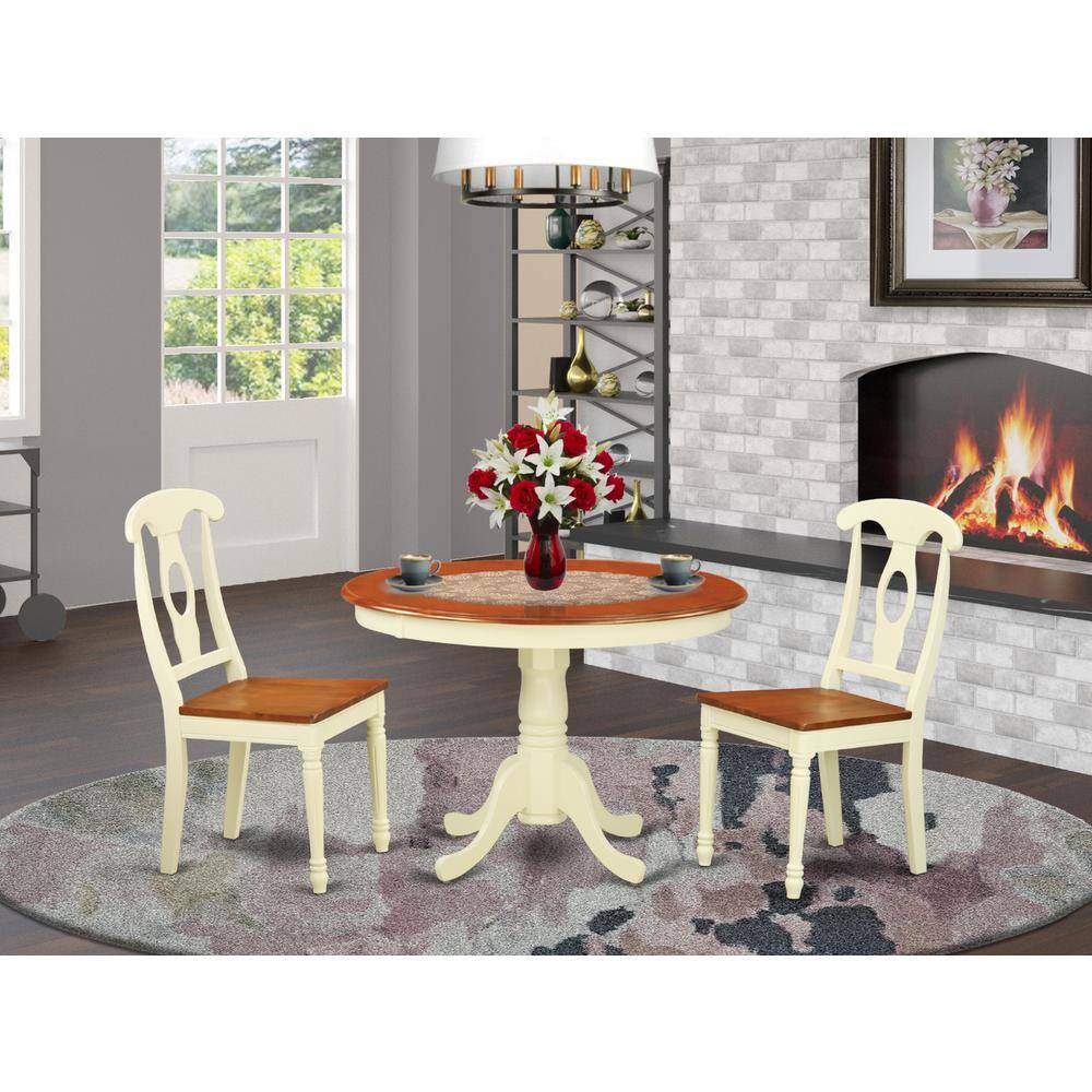 Back. East West Furniture - 3 Pc set with a Round Kitchen Table and 2 Wood Dinette Chairs in Buttermilk and Cherry . - Buttermilk & Cherry.