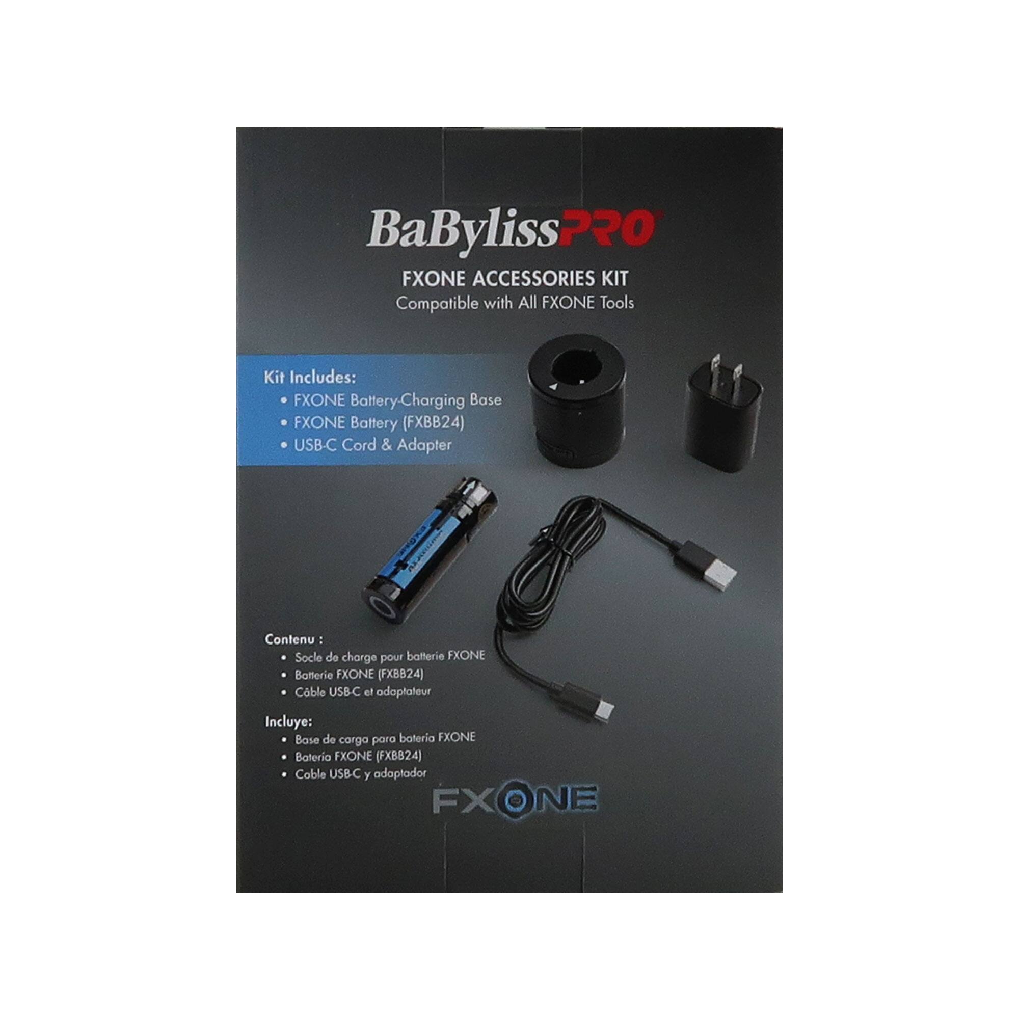 BaBylissPRO FXONE ACCESSORIES KIT  
Compatible with All FXONE Tools  

Kit Includes:  
- FXONE Battery-Charging Base  
- FXONE Battery (FXBB24)  
- USB-C Cord & Adapter  

Contenu :  
- Socle de charge pour batterie FXONE  
- Batterie FXONE (FXBB24)  
- Cable USB-C et adaptateur  

Incluye:  
- Base de carga para batería FXONE  
- Batería FXONE (FXBB24)  
- Cable USB-C y adaptador