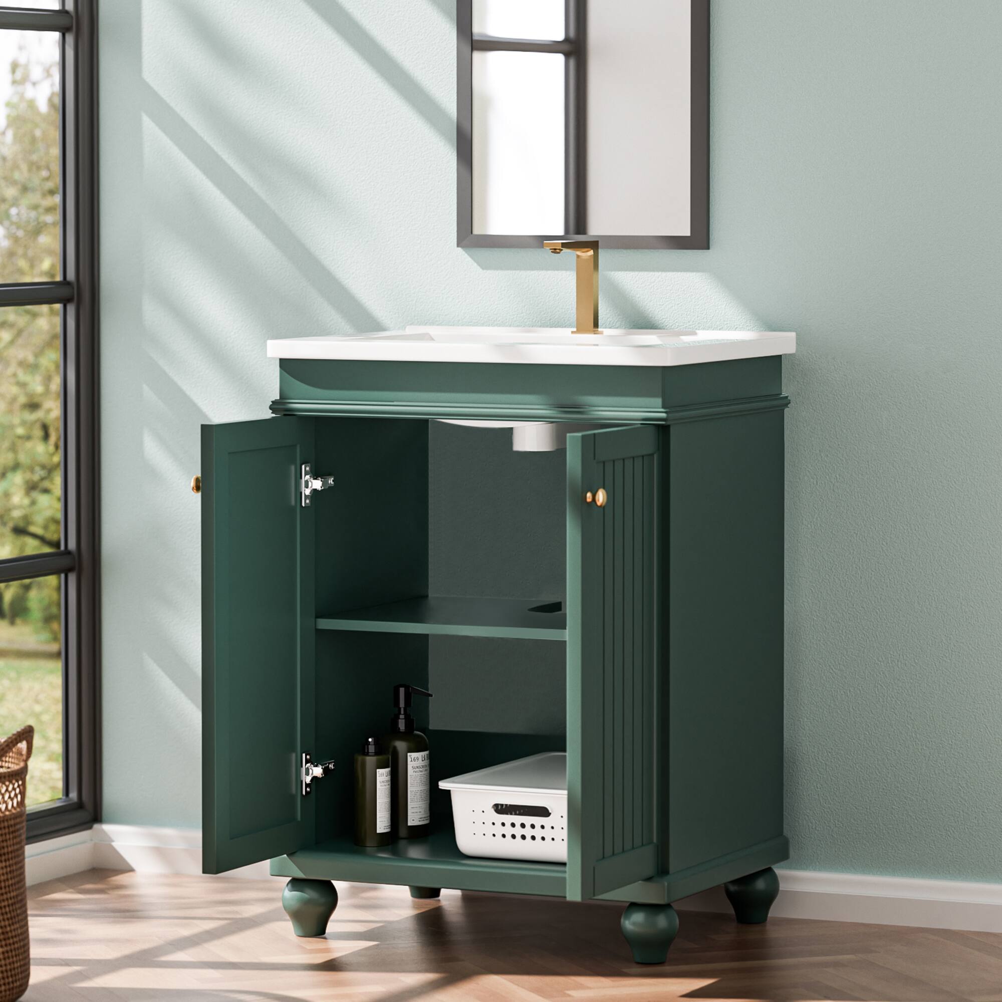 Angle. KERDOM - 24" Bathroom Vanity with Ceramic Sink, Freestand Washroom Storage Cabinet, Elegant Sink Cabinet Shutter Doors, No Faucet - Green.