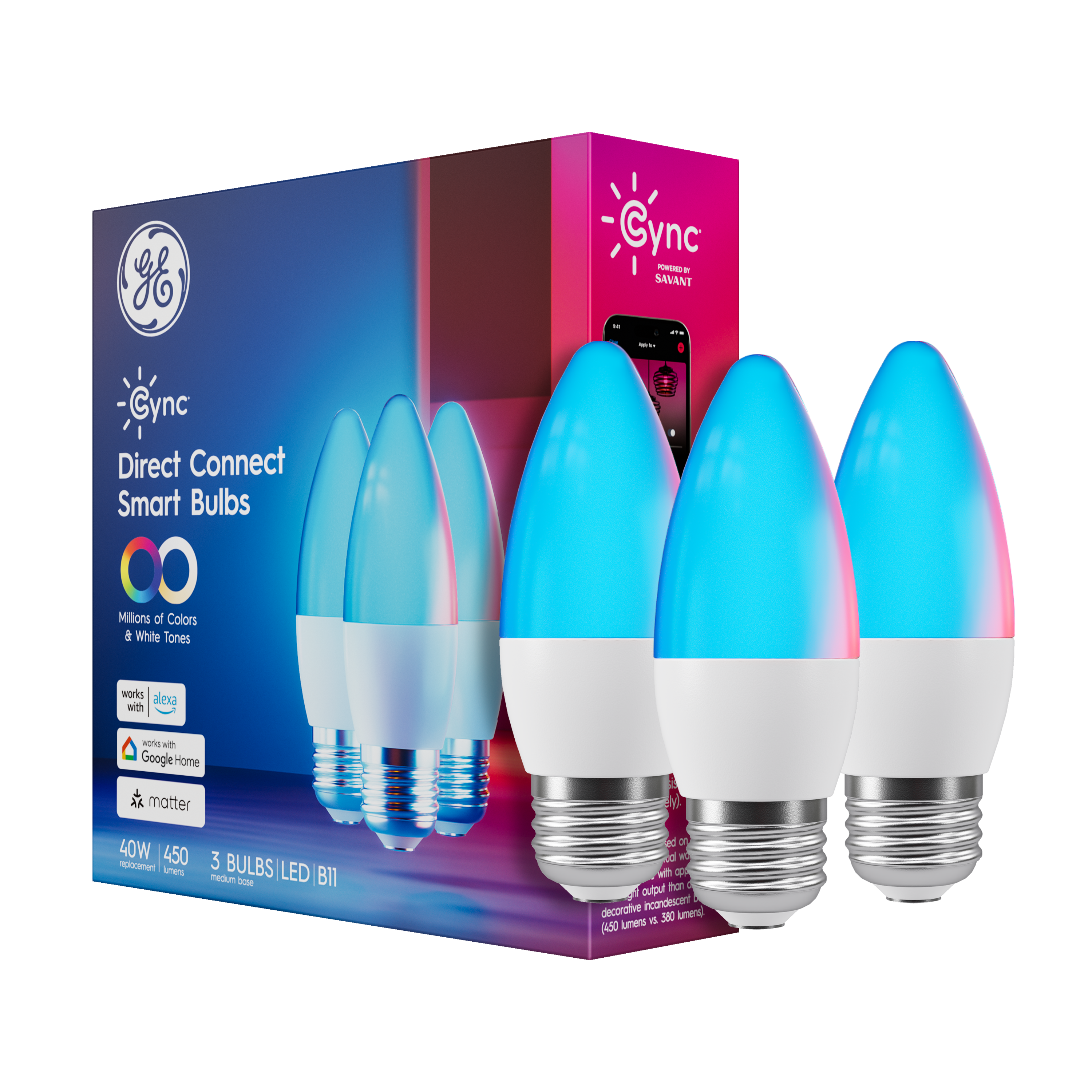 Cync - Decorative Direct Connect B11 Smart LED Bulb (3-Pack) - Full Color