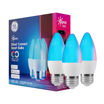 Cync Direct Connect Smart Bulbs
- Millions of Colors & White Tones
- Works with Alexa
- Works with Google Home
- Matter
- 40W Replacement (450 Lumens)
- 3 Bulbs
- LED
- B11 Medium Base
- Decorative output comparable to 450 lumens incandescent (450 lumens vs 380 lumens)
