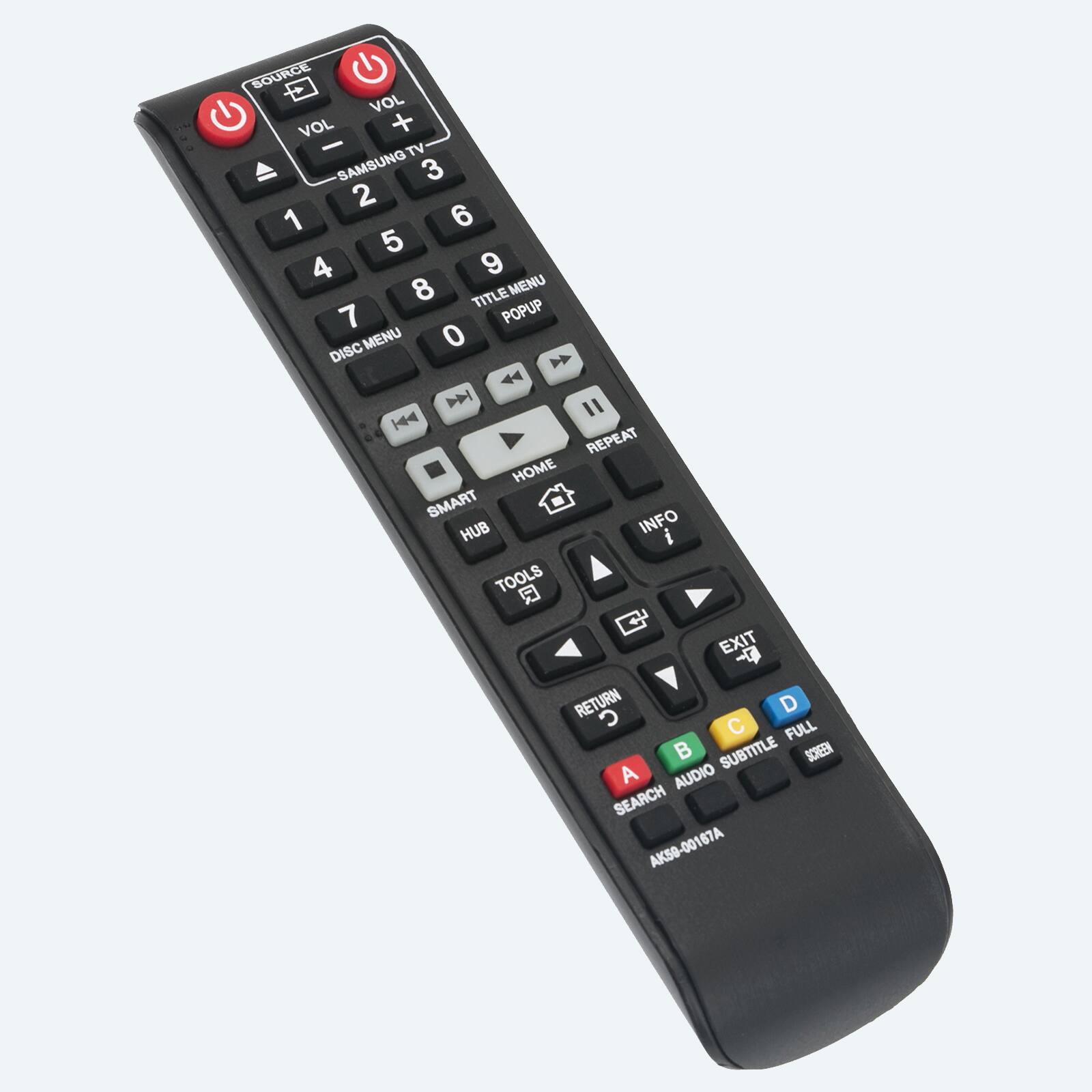 SOURCE VOL VOL + - TV SAMSUNG 3 2 1 6 5 4 9 8 MENU TITLE 7 POPUP MENU 0 DISC 44 D I | REPEAT HOME SMART HUB INFO i TOOLS Q EXIT 7 RETURN C D C FULL B SUBTITLE SCREEN A AUDIO SEARCH AK50-00167A