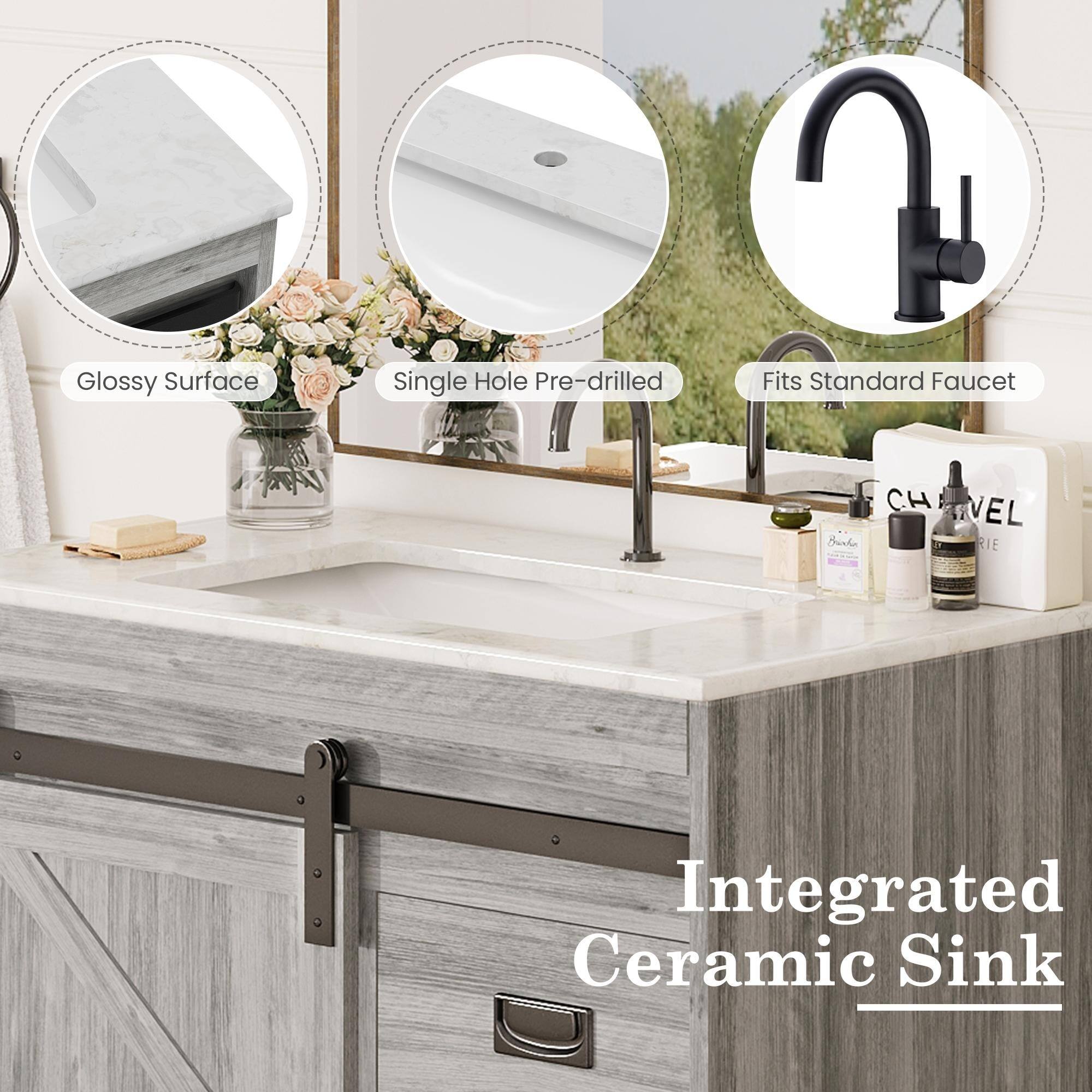 - Glossy Surface
- Single Hole Pre-drilled
- Fits Standard Faucet
- Integrated Ceramic Sink