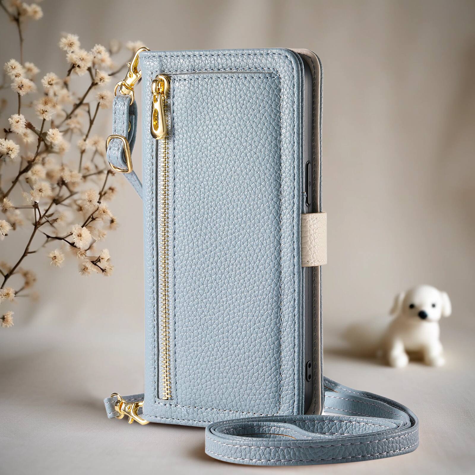 Back. Dteck - Wallet Case for Samsung Galaxy S26 with Crossbody Strap and Wristlet, PU Leather Zipper Purse Kickstand Cover - Blue.