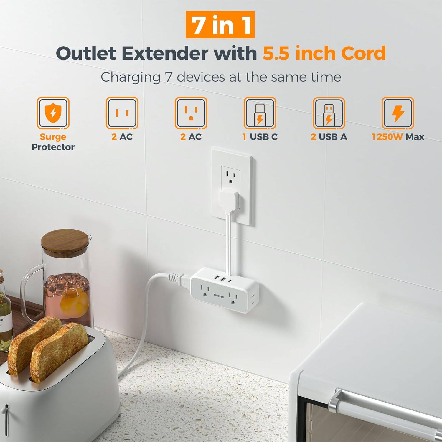 7 in 1 Outlet Extender with 5.5 inch Cord  
Charging 7 devices at the same time  
Surge Protector  
2 AC  
2 AC  
1 USB C  
2 USB A  
1250W Max