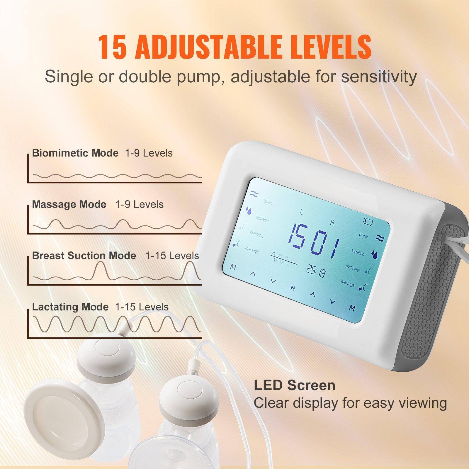 15 Adjustable Levels  
Single or double pump, adjustable for sensitivity  

- Biomimetic Mode 1-9 Levels  
- Massage Mode 1-9 Levels  
- Breast Suction Mode 1-15 Levels  
- Lactating Mode 1-15 Levels  

LED Screen  
Clear display for easy viewing
