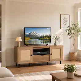 WELLFOR - Rattan TV Stand for 60" with Cabinets & Drawer, Entertainment Center Media Console Table - Natural