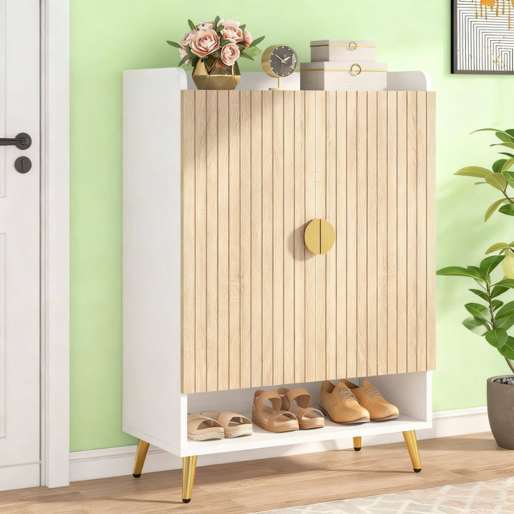 Alt View 1. TinyHomie - 7-Tier Shoe Storage Cabinet Wooden Shoe Cabinet - Natural and Gold.