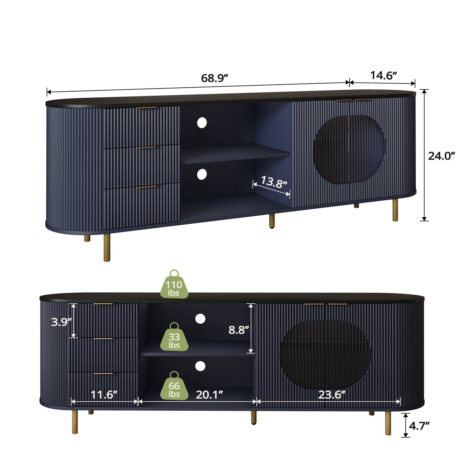 68.9" 14.6" 24.0" 13.8" 110 lbs 3.9" 33 lbs 8.8" 11.6" 66 lbs 20.1" 23.6" 4.7"