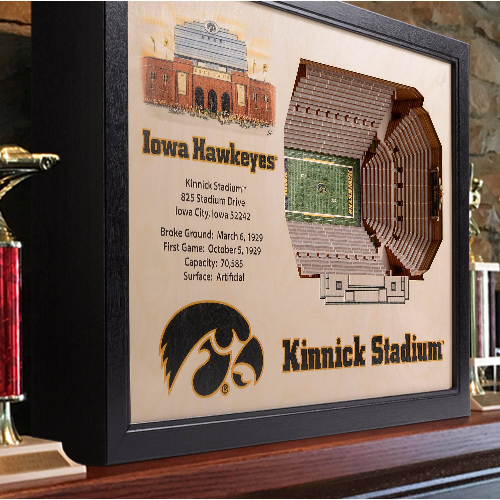 Iowa Hawkeyes  
Kinnick Stadium  
825 Stadium Drive  
Iowa City, Iowa 52242  

Broke Ground: March 6, 1929  
First Game: October 5, 1929  
Capacity: 70,585  
Surface: Artificial  

Kinnick Stadium