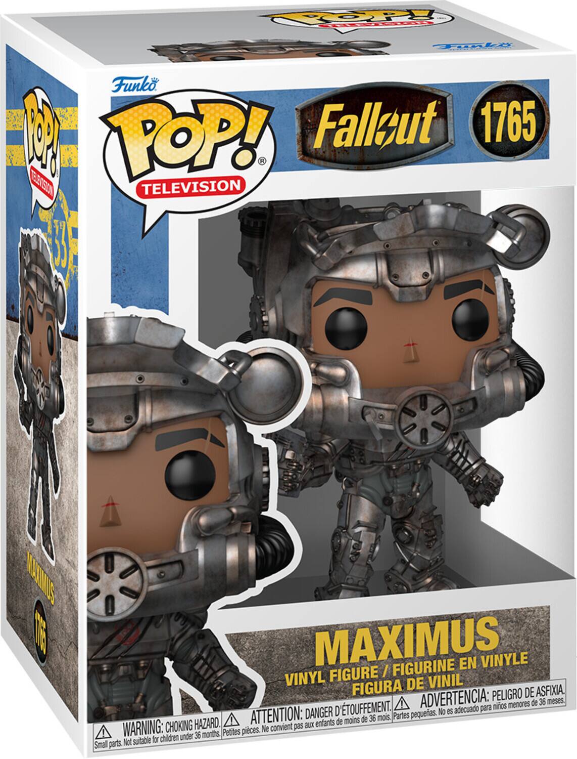 Sure, here is the corrected and grouped text from the image:

---

**Funko POP! TELEVISION**

**Fallout 1765**

**MAXIMUS**

VINYL FIGURE / FIGURINE EN VINYLE / FIGURA DE VINIL

**WARNING: CHOKING HAZARD.** Small parts. Not suitable for children under 36 months.

**ATTENTION: DANGER D'ÉTOUFFEMENT.** Petites pièces. Ne convient pas aux enfants de moins de 36 mois.

**ADVERTENCIA: PELIGRO DE ASFIXIA.** Partes pequeñas. No es adecuado para niños menores de 36 meses.

---

This text is organized to reflect the information on the packaging, including the brand, series, character, and safety warnings.