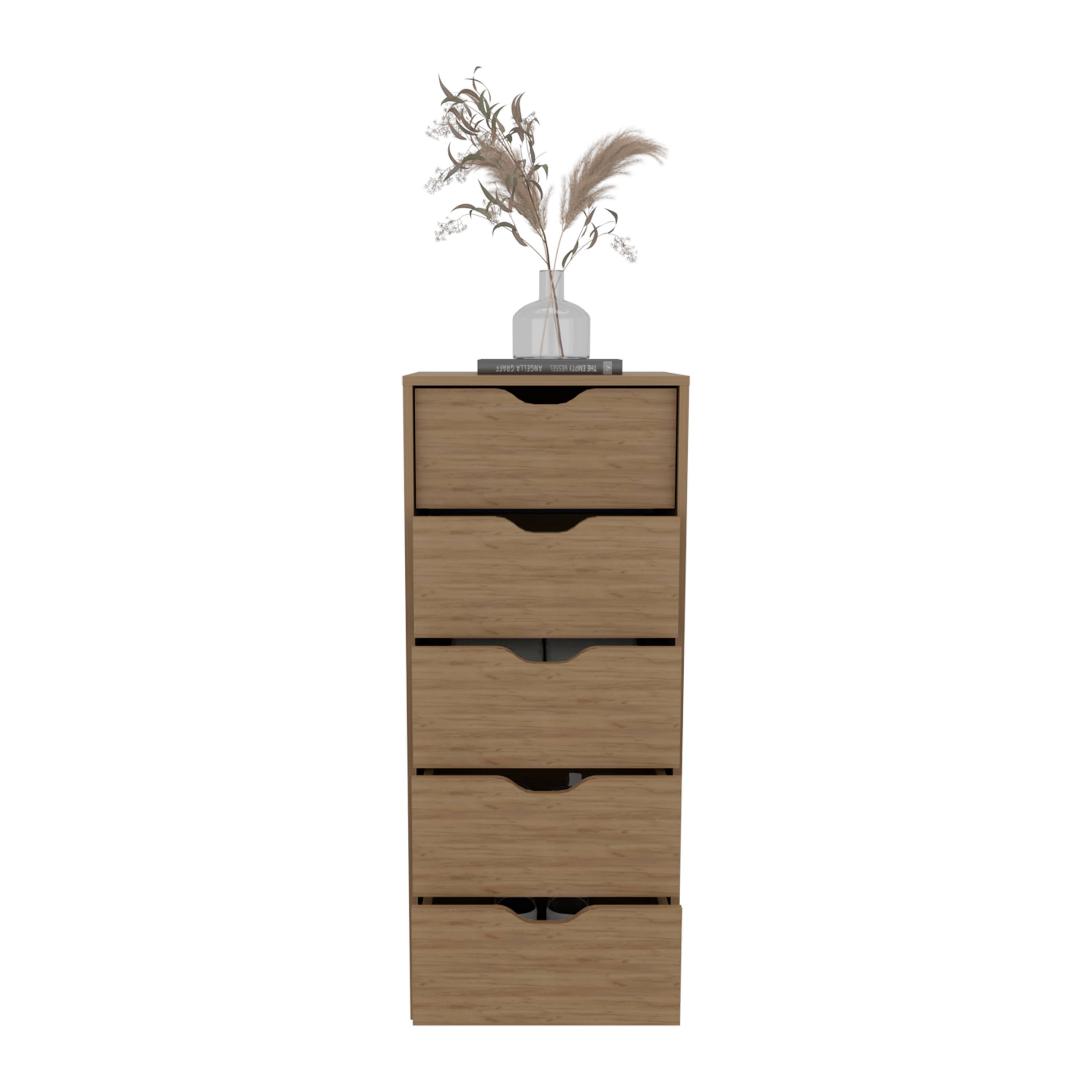 Alt View 4. TuHome - Basilea Tall Narrow Dresser, Pull Out System, Five Drawers - Natural Oak.