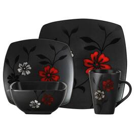 Gibson - 16-Piece Evening Blossom Dinnerware Set - Black and Red