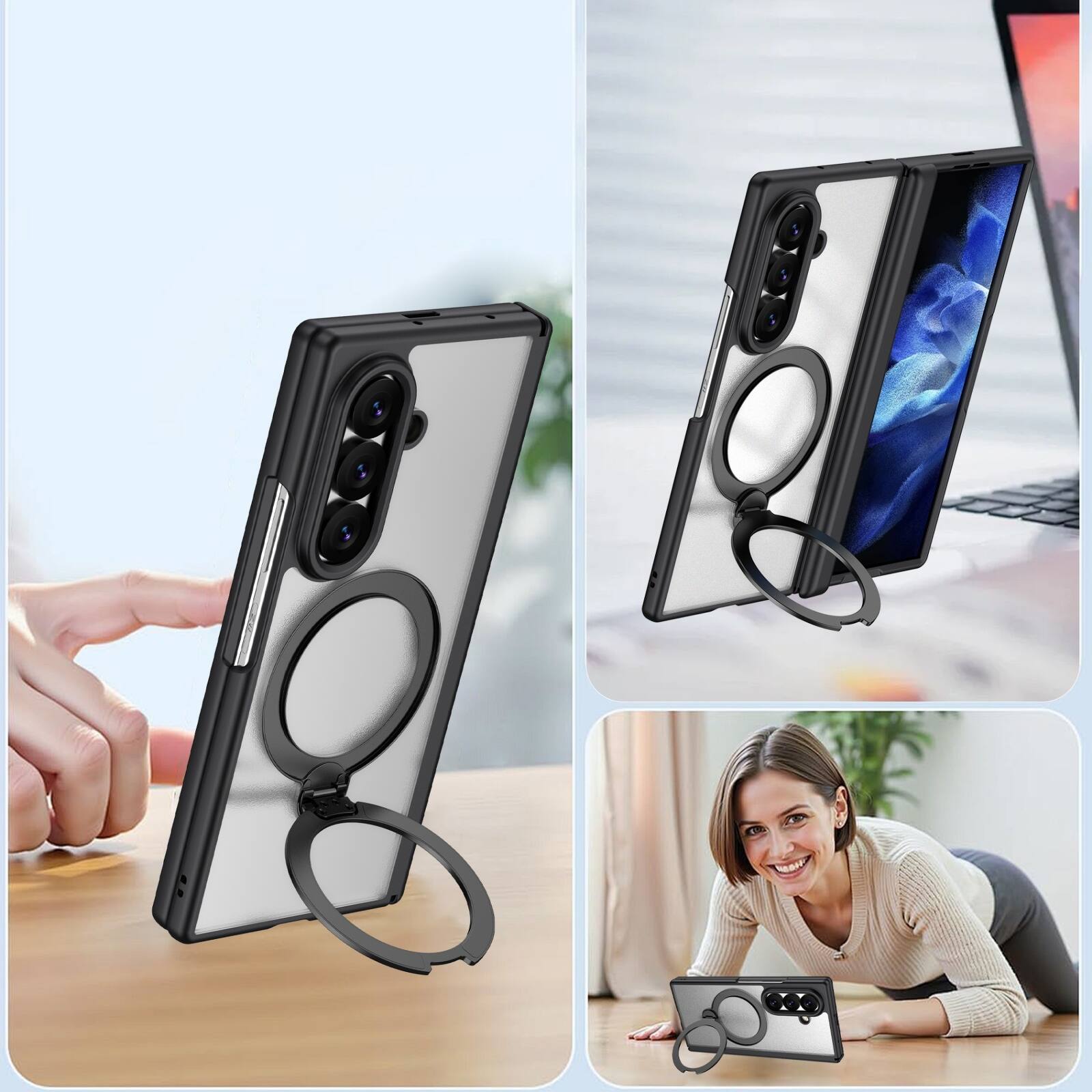 Alt View 2. Dteck - For Samsung Galaxy Z Fold8 Ultra Magnetic Case Built-in Screen Protector,Shockproof Ring Stand Clear Back Hinge Cover - Black.