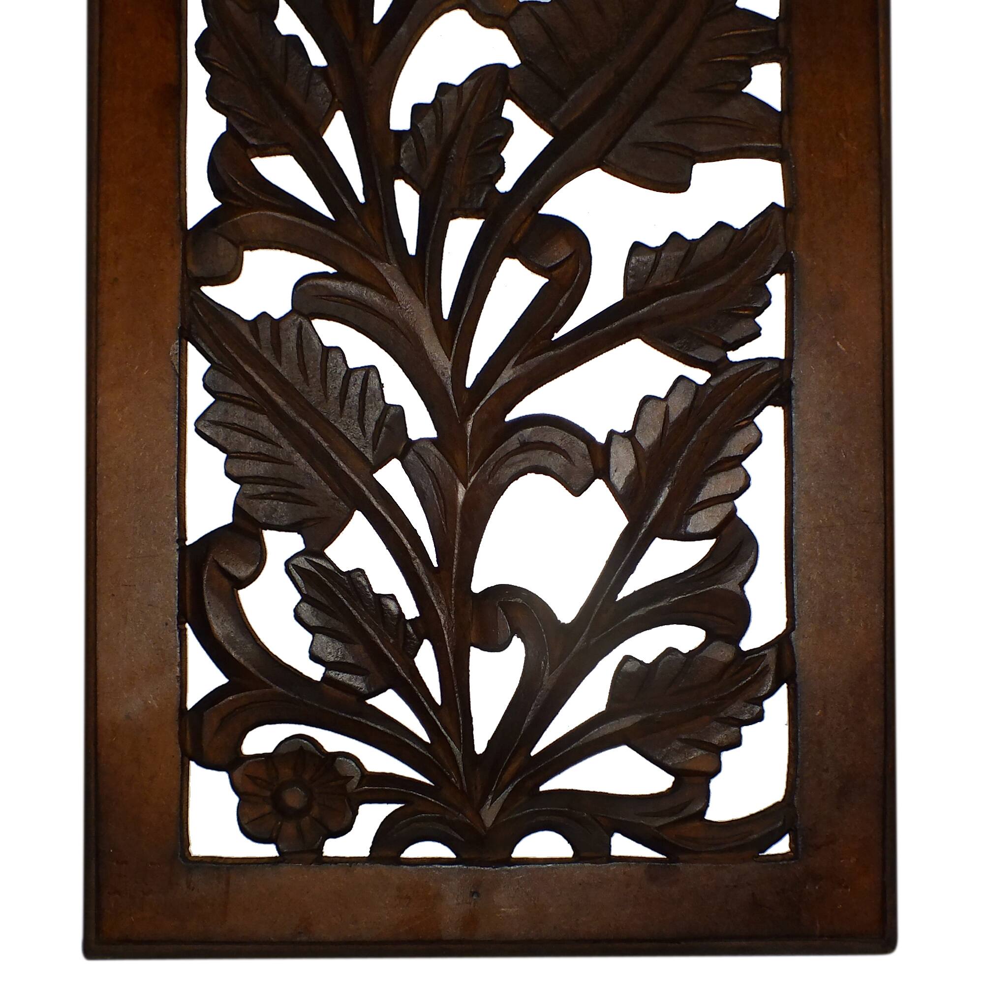 Back. Manhattan Lane - Mango Wood Wall Panel Hand Crafted with Leaves and Scroll Work Motif - Brown.