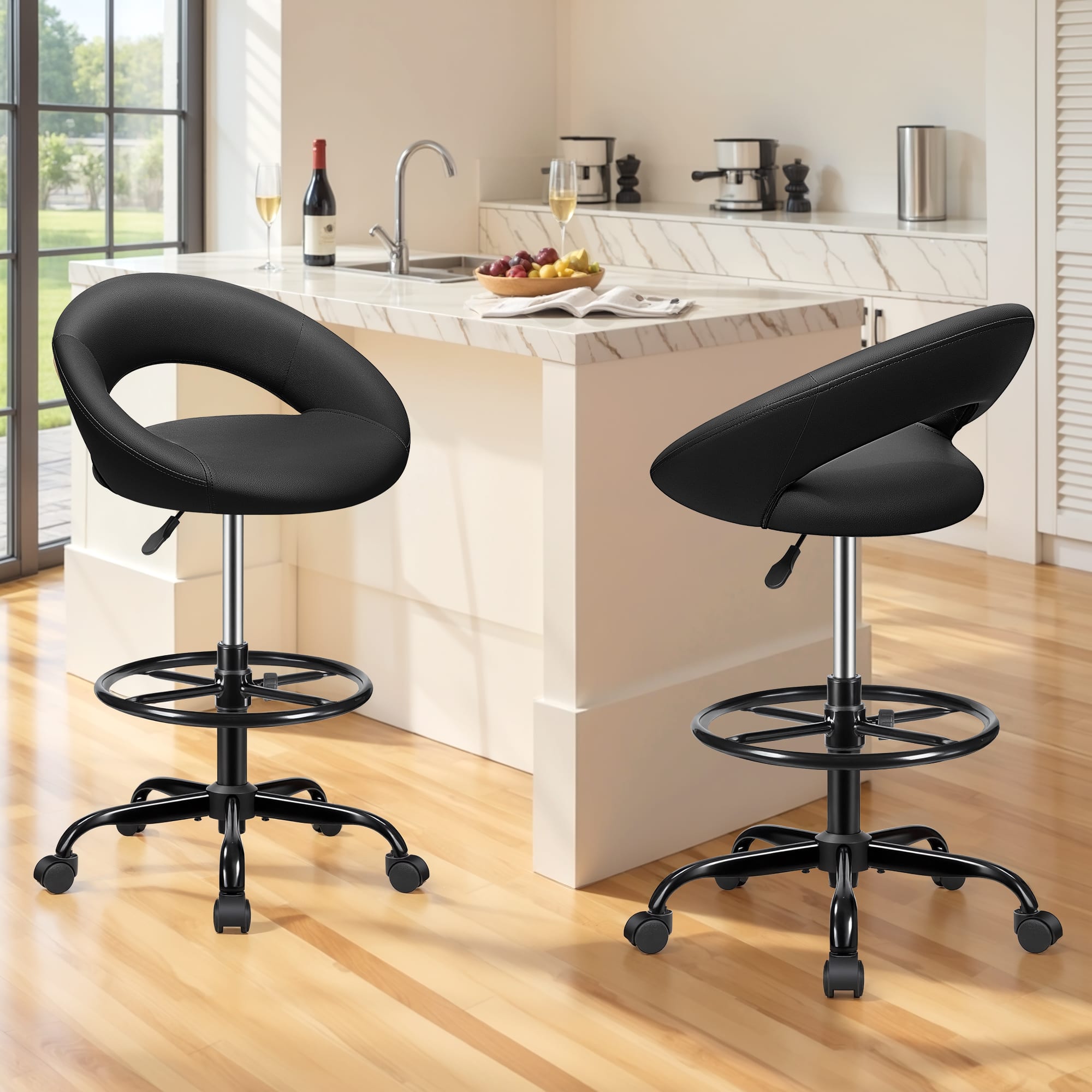 Brick Attic - 2pcs Drafting Office Chair, Height Adjustable Rolling Bar Stool with Foot Rest, Tall 360° Swivel Stool Leather Chair - Black