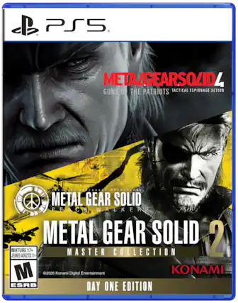 PS5
METAL GEAR SOLID 4
GUNS OF THE PATRIOTS
TACTICAL ESPIONAGE ACTION
METAL GEAR SOLID
PEACH WALKER
METAL GEAR SOLID 2
MASTER COLLECTION
MATURE 17+
JEUNES ADULTES 17+
M
©2026 Konami Digital Entertainment
KONAMI
DAY ONE EDITION - M (Mature 17+)