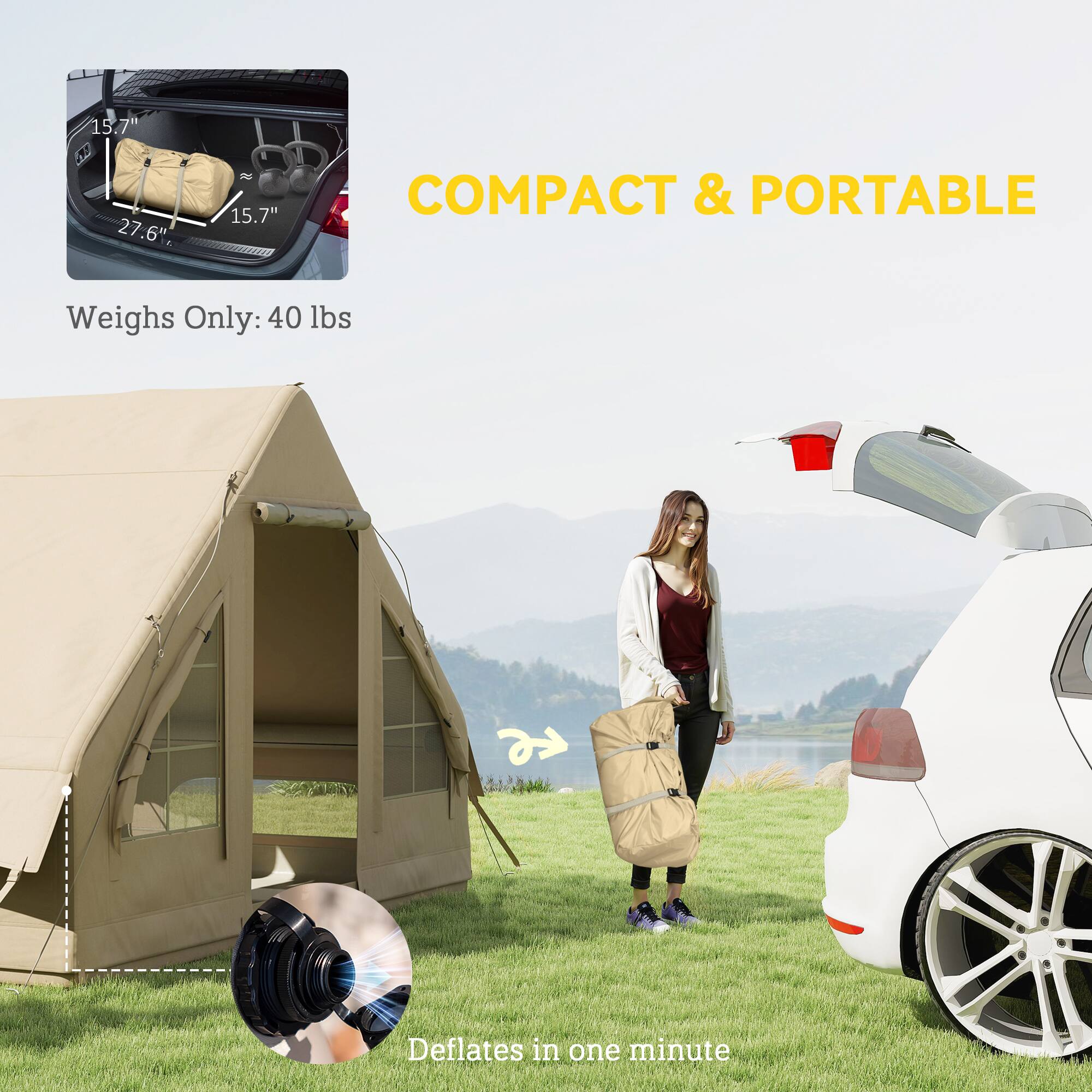 Outsunny Camping Tent with Hand Pump, 4 Season Blow Up Tent Sand