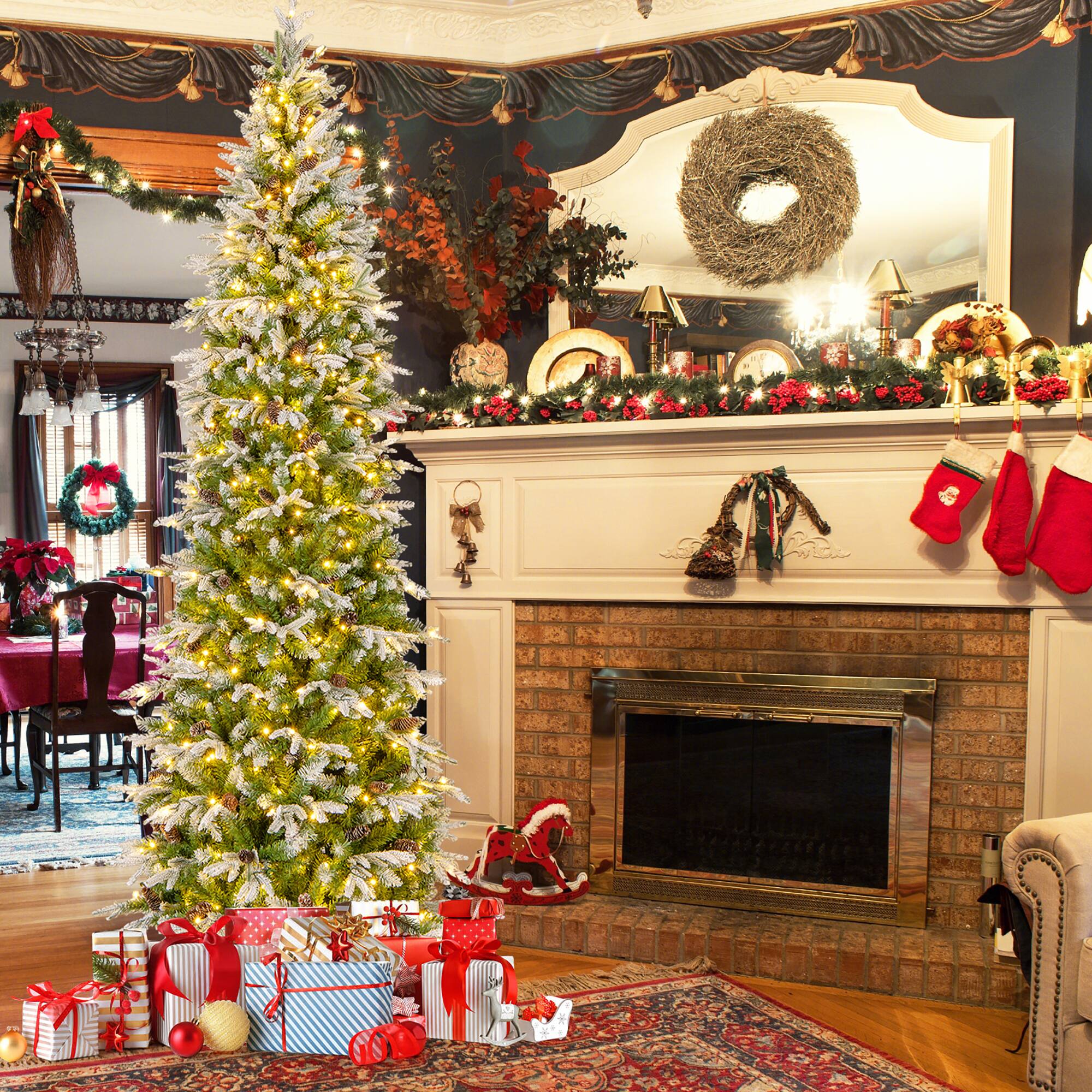 Alt View 4. Gymax - Gymax 9 FT Pre-Lit Artificial Christmas Tree Snow Flocked Hinged Xmas Tree - Green, White.