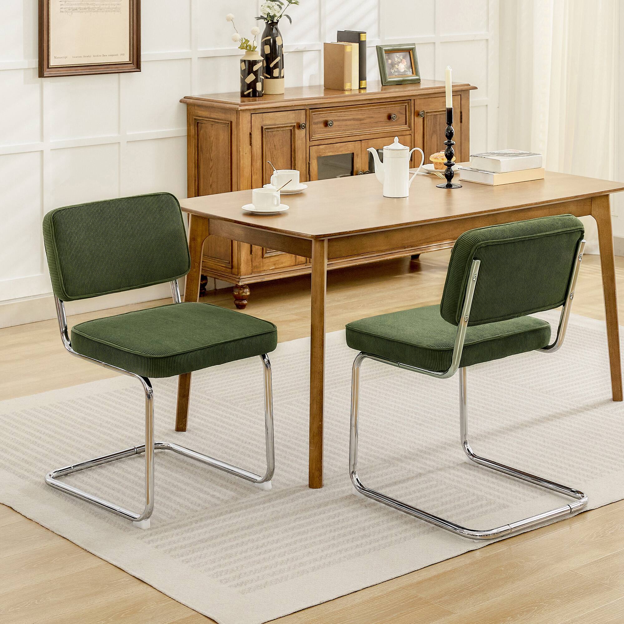 Alt View 2. KERDOM - Mid Century Modern Dining Chairs Set of 2, Velvet Fabric Vintage Kitchen Side Chairs 2pc Cantilever Armless Accent Chair - Green.
