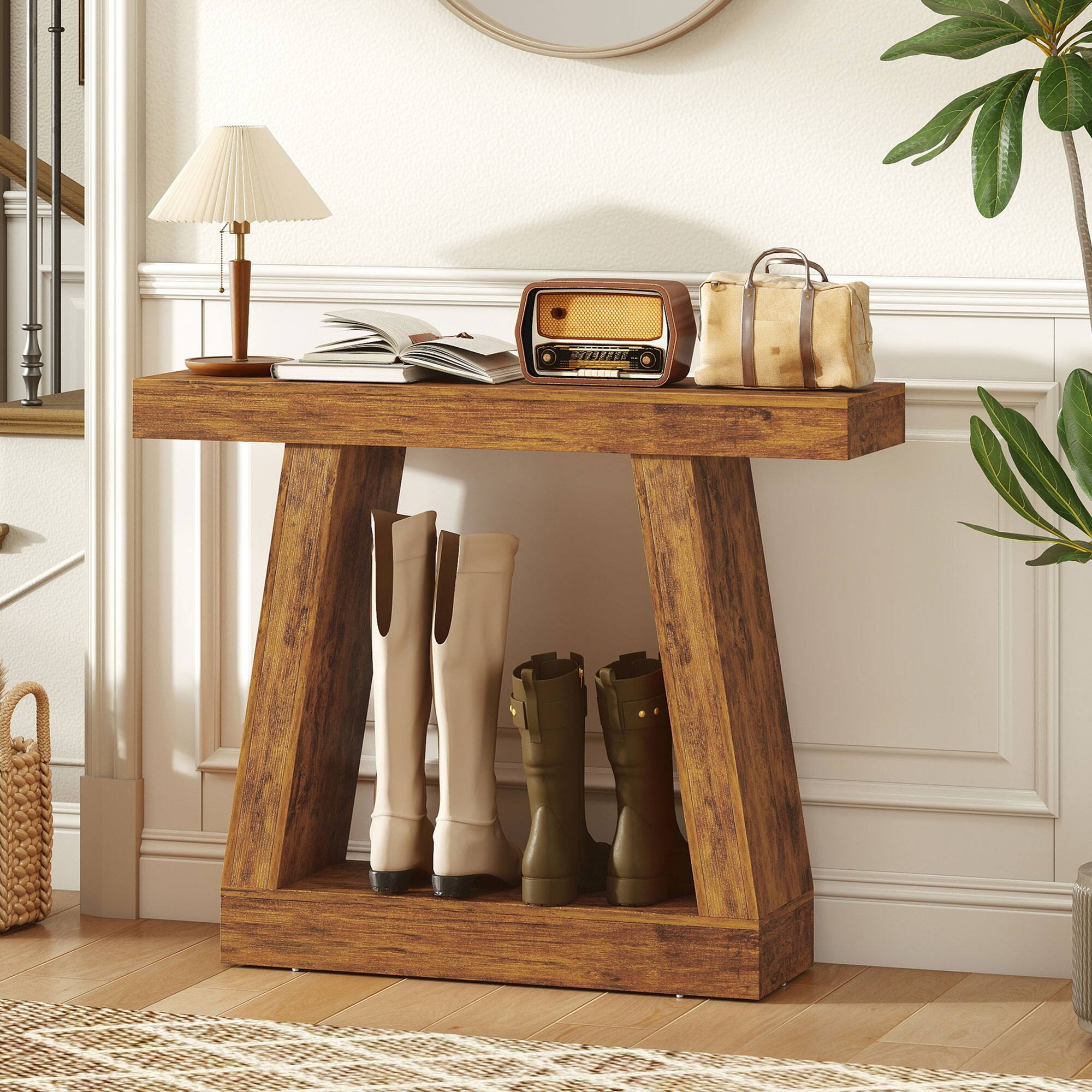 Front. Homcom - Farmhouse Console Table, 2-Tier Entryway Table with Storage for Hallway, Living Room, Behind Couch - Dark brown.