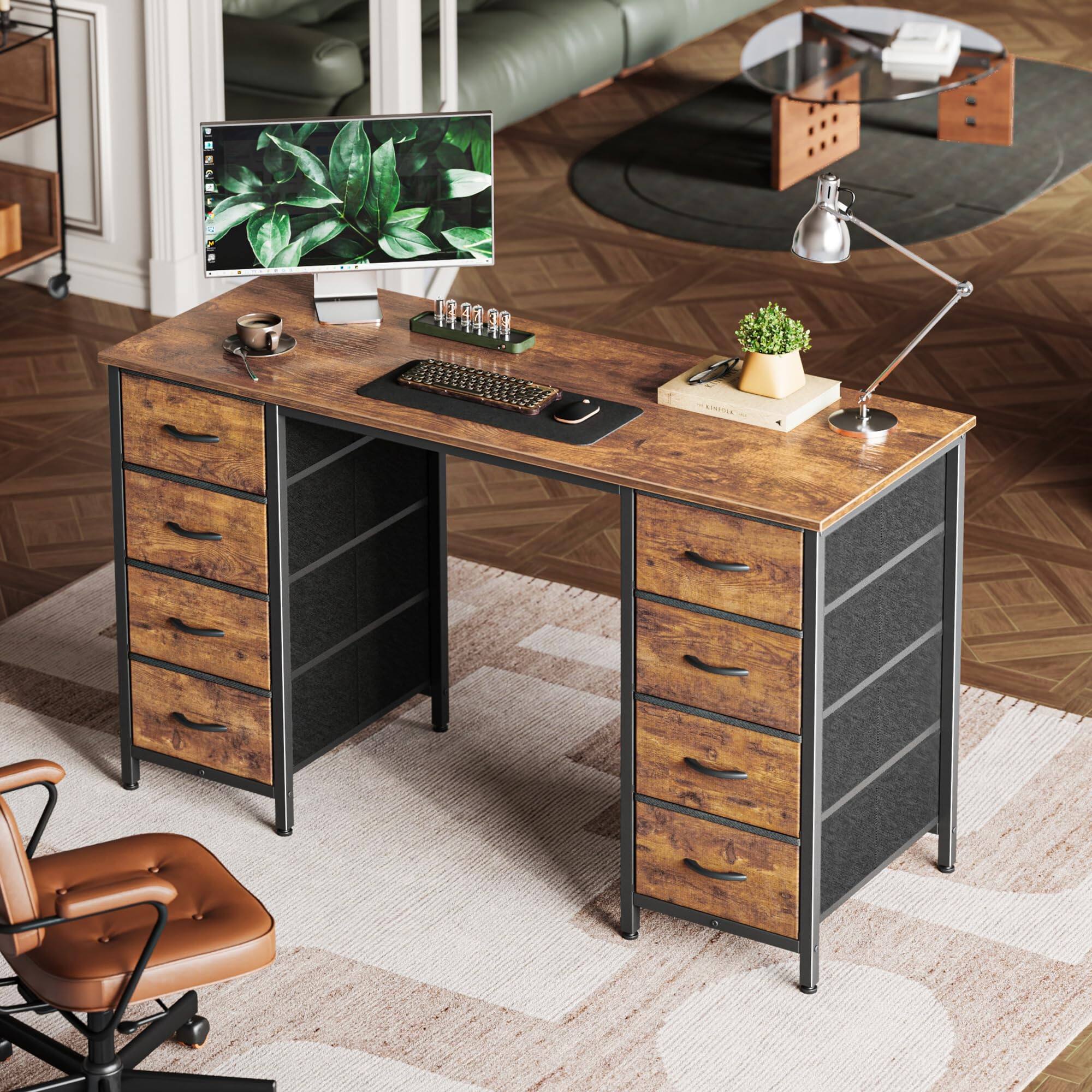 Alt View 6. Fabibe - 47 Inch Computer Desk With 8 Fabric Drawers Office Work For Home Study Gaming Large Storage Rustic Brown - Black 47 inch.