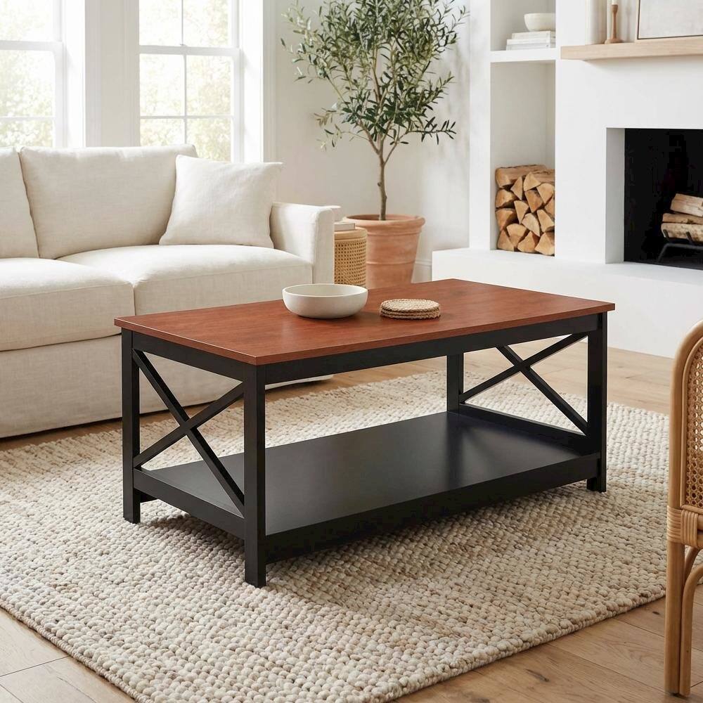 Back. FurniFact - Cherry and Black Coffee Table with MDF Top and Sturdy Frame Compact Design - Cherry.