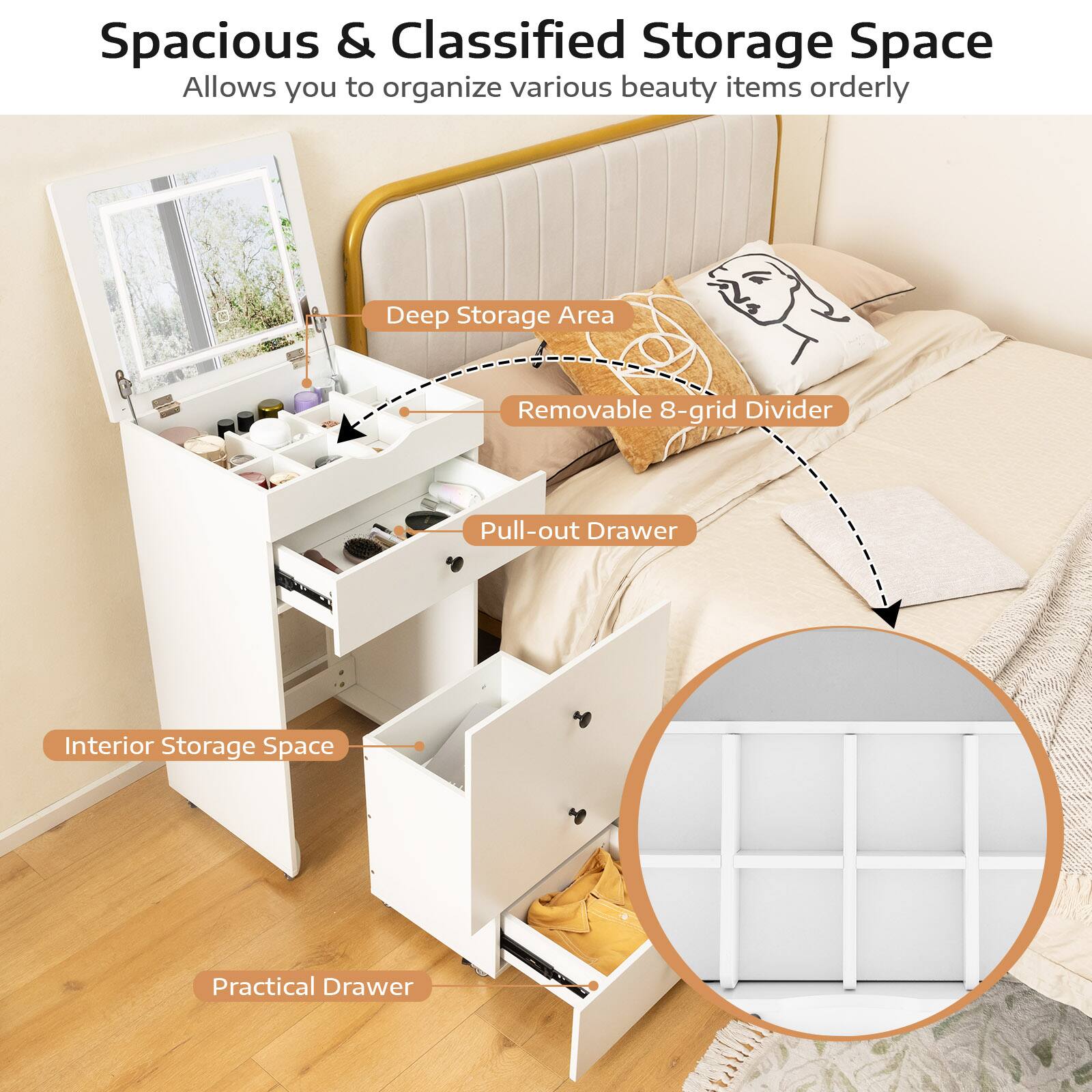 Spacious & Classified Storage Space
Deep Storage Area
Removable 8-grid Divider
Pull-out Drawer
Interior Storage Space
Practical Drawer