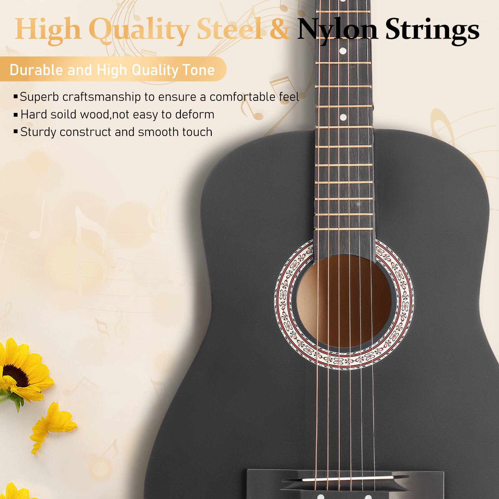 High Quality Steel & Nylon Strings

Durable and High Quality Tone

- Superb craftsmanship to ensure a comfortable feel
- Hard solid wood, not easy to deform
- Sturdy construct and smooth touch