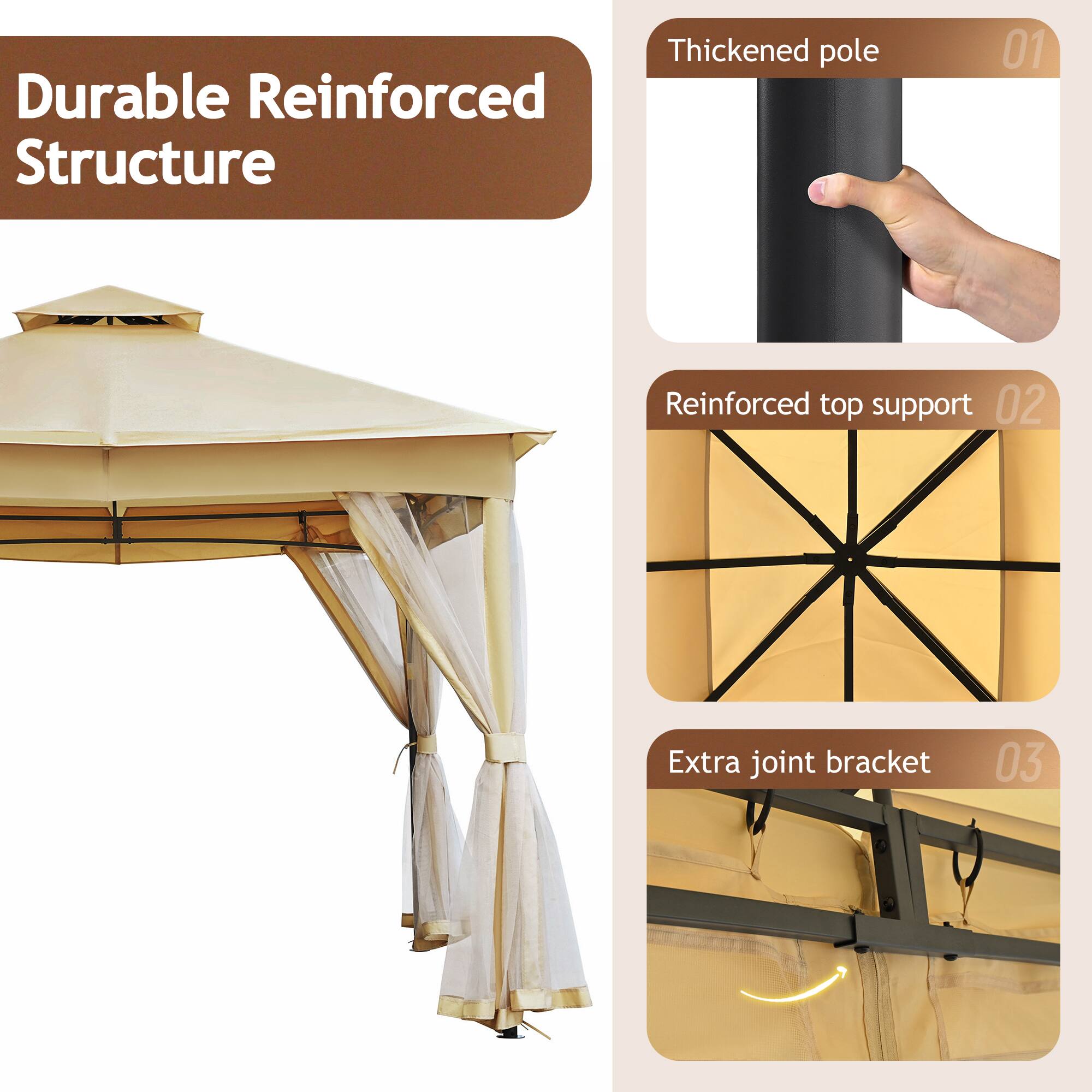 Durable Reinforced Structure

01 Thickened pole

02 Reinforced top support

03 Extra joint bracket