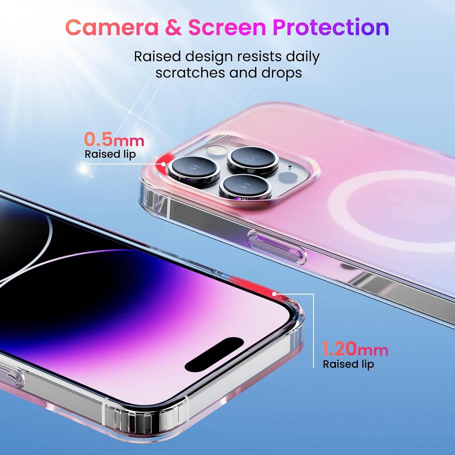 Camera & Screen Protection
Raised design resists daily scratches and drops
0.5mm Raised lip
1.20mm Raised lip