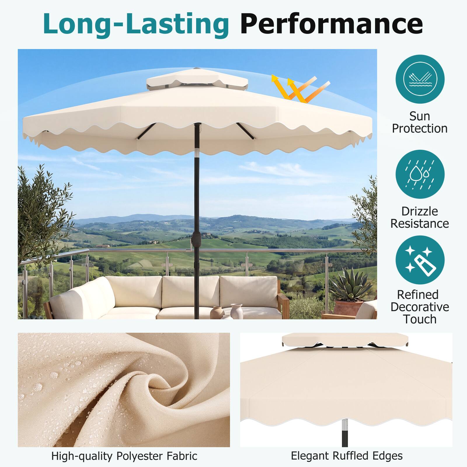 - Long-Lasting Performance
- Sun Protection
- Drizzle Resistance
- Refined Decorative Touch
- High-quality Polyester Fabric
- Elegant Ruffled Edges