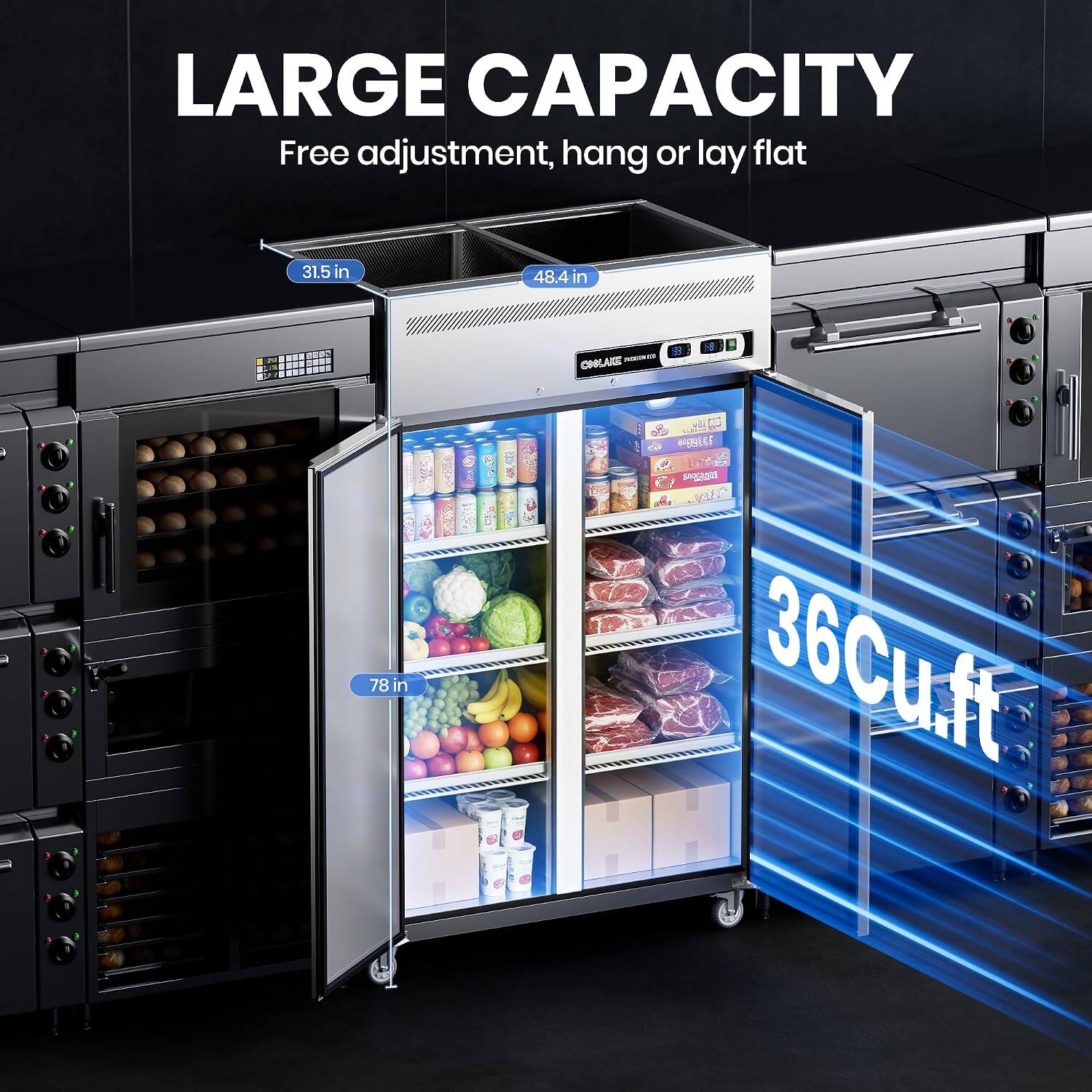 LARGE CAPACITY  
Free adjustment, hang or lay flat  
31.5 in  
48.4 in  
78 in  
36Cu.ft