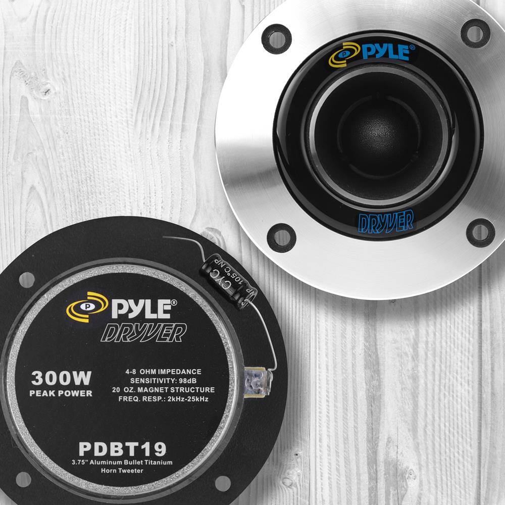 PYLE  
CYC 105CNP  
PYLE DRYVER  
4-8 OHM IMPEDANCE  
300W PEAK POWER  
SENSITIVITY: 98dB  
20 OZ. MAGNET STRUCTURE  
FREQ. RESP.: 2kHz-25kHz  
PDBT19  
3.75" Aluminum Bullet Titanium Horn Tweeter