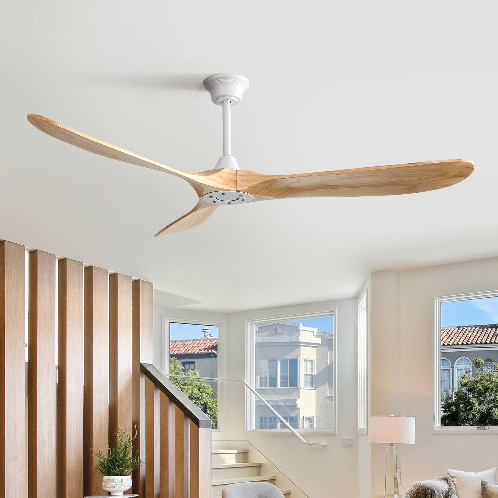 Left. Sofucor - Sofucor 60 Inch Modern Ceiling Fan No Light DC Motor 3 Solid Wood Blades Ceiling Fan With Remote Farmhouse Ceiling Fans - Nickel Wood.