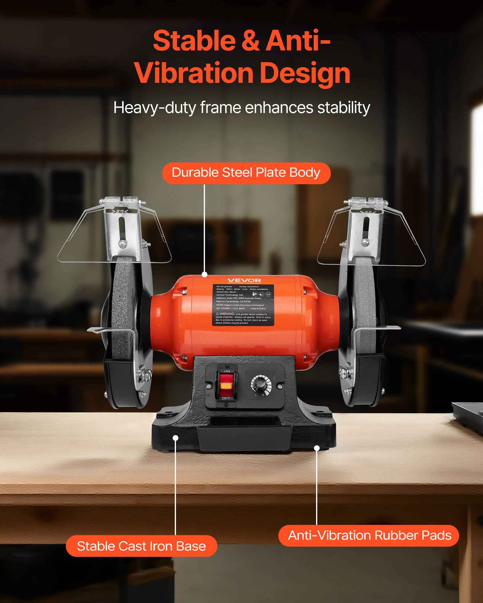 Stable & Anti-Vibration Design  
Heavy-duty frame enhances stability  
Durable Steel Plate Body  
Stable Cast Iron Base  
Anti-Vibration Rubber Pads