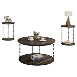 Vaczon - 3-Piece Coffee Table Set with 2-Tier Storage, Industrial Metal Frame, and Decorative Chain Pole for Living Room, Kitchen - Dark Brown