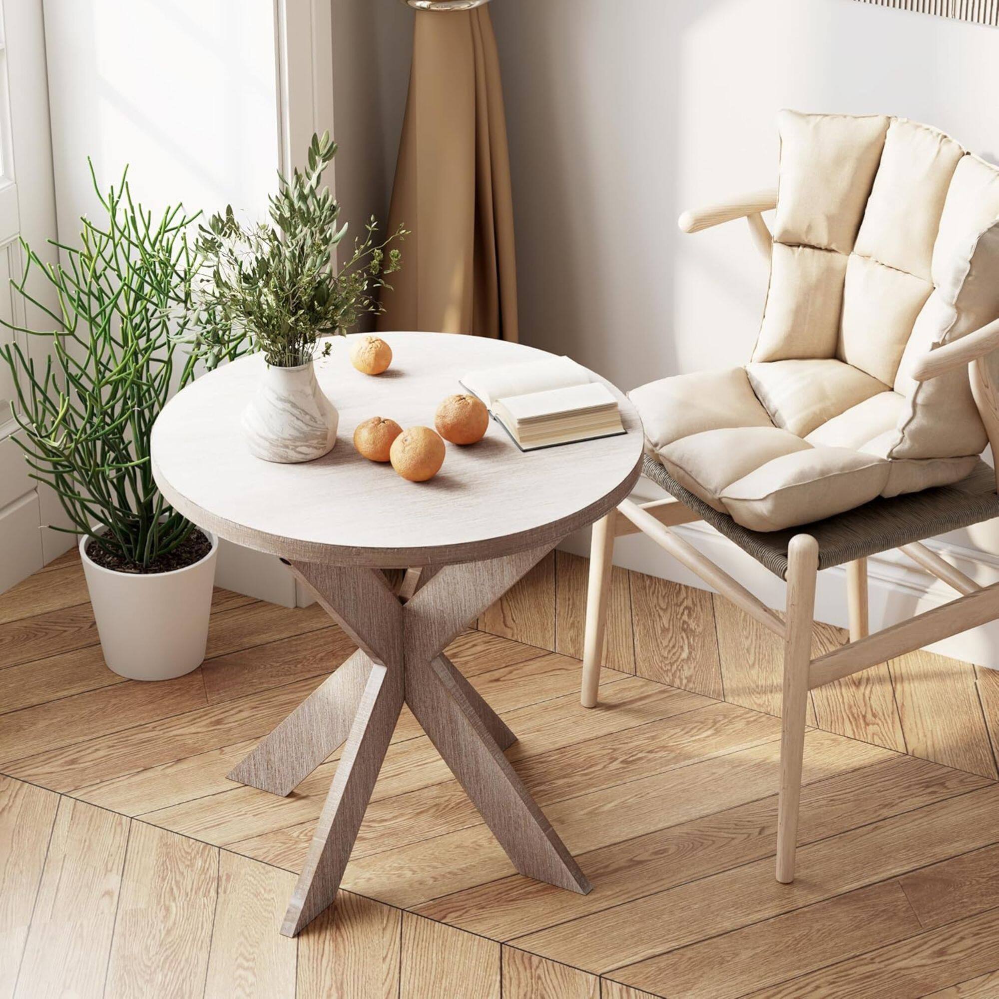 Alt View 8. COZAYH - COZAYH Farmhouse Round Wooden End Table with Cross Legs, Vintage Grey Finish - Vintage Grey.