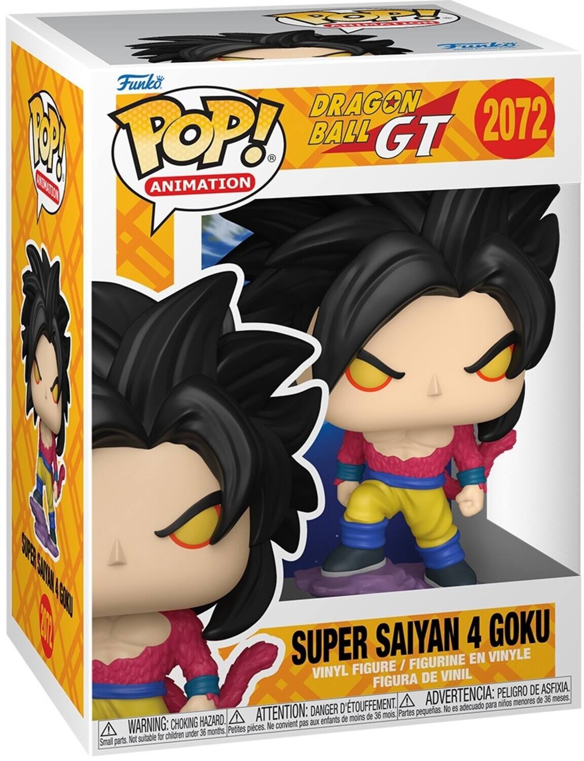 Sure, here is the corrected and grouped text from the image:

---

**Funko POP! ANIMATION**

**DRAGON BALL GT**

**2072**

**SUPER SAIYAN 4 GOKU**

**VINYL FIGURE / FIGURINE EN VINYLE / FIGURA DE VINIL**

**WARNING: CHOKING HAZARD. Small parts. Not suitable for children under 36 months.**

**ATTENTION: DANGER D'ÉTOUFFEMENT. Petites pièces. Ne convient pas aux enfants de moins de 36 mois.**

**ADVERTENCIA: PELIGRO DE ASFIXIA. No es adecuado para niños menores de 36 meses.**

---

This text is organized to reflect the information on the packaging.