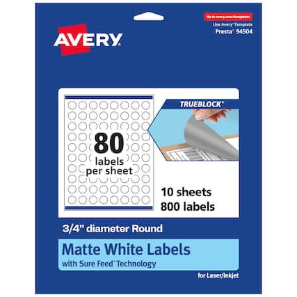 Go to avery.com/templates
AVERY
Use Avery Template Presta 94504
TRUEBLOCK
80 labels per sheet
10 sheets
800 labels
3/4" diameter Round Matte White Labels with Sure Feed Technology for Laser/Inkjet