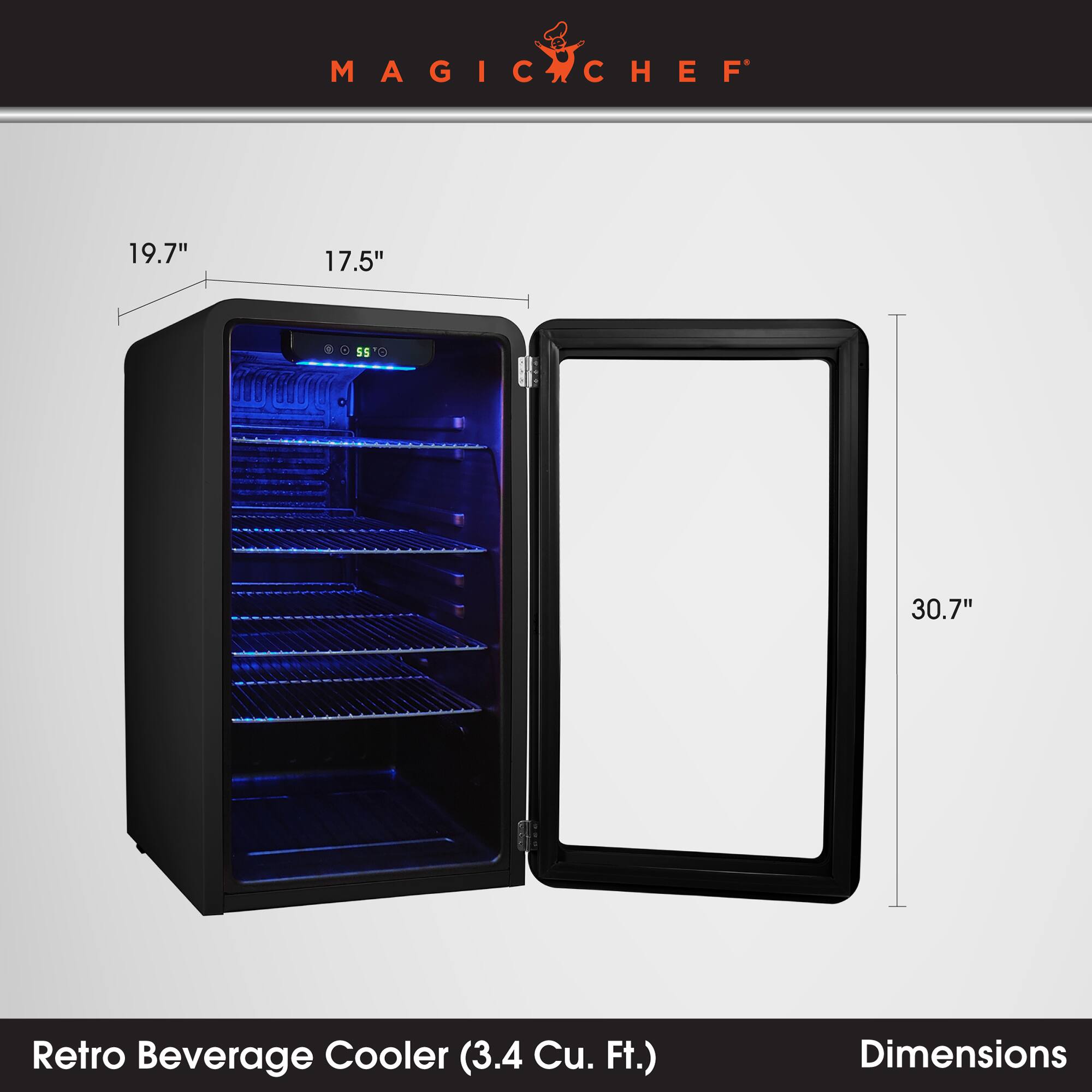 MAGIC CHEF

19.7"
17.5"
30.7"

Retro Beverage Cooler (3.4 Cu. Ft.)
Dimensions