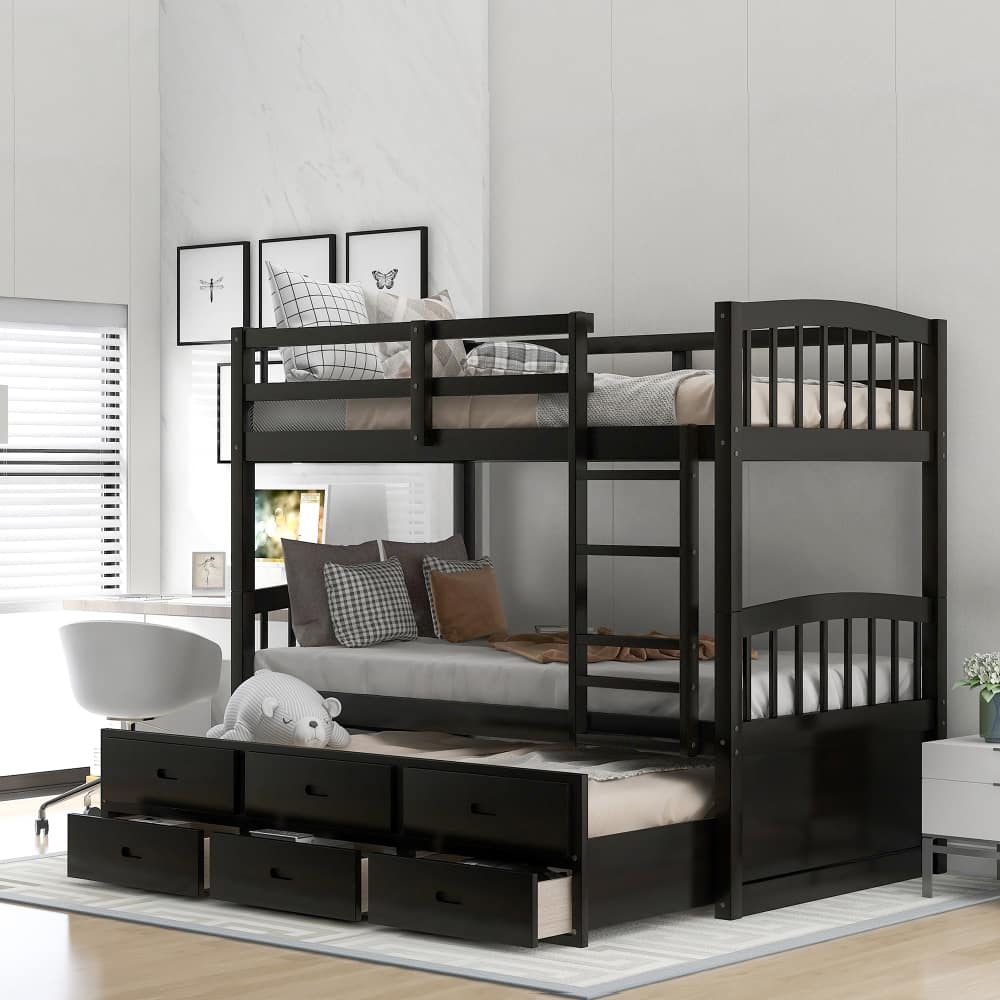 Loheer - Twin Over Twin Bunk Bed with Trundle and Drawers Wood - Espresso