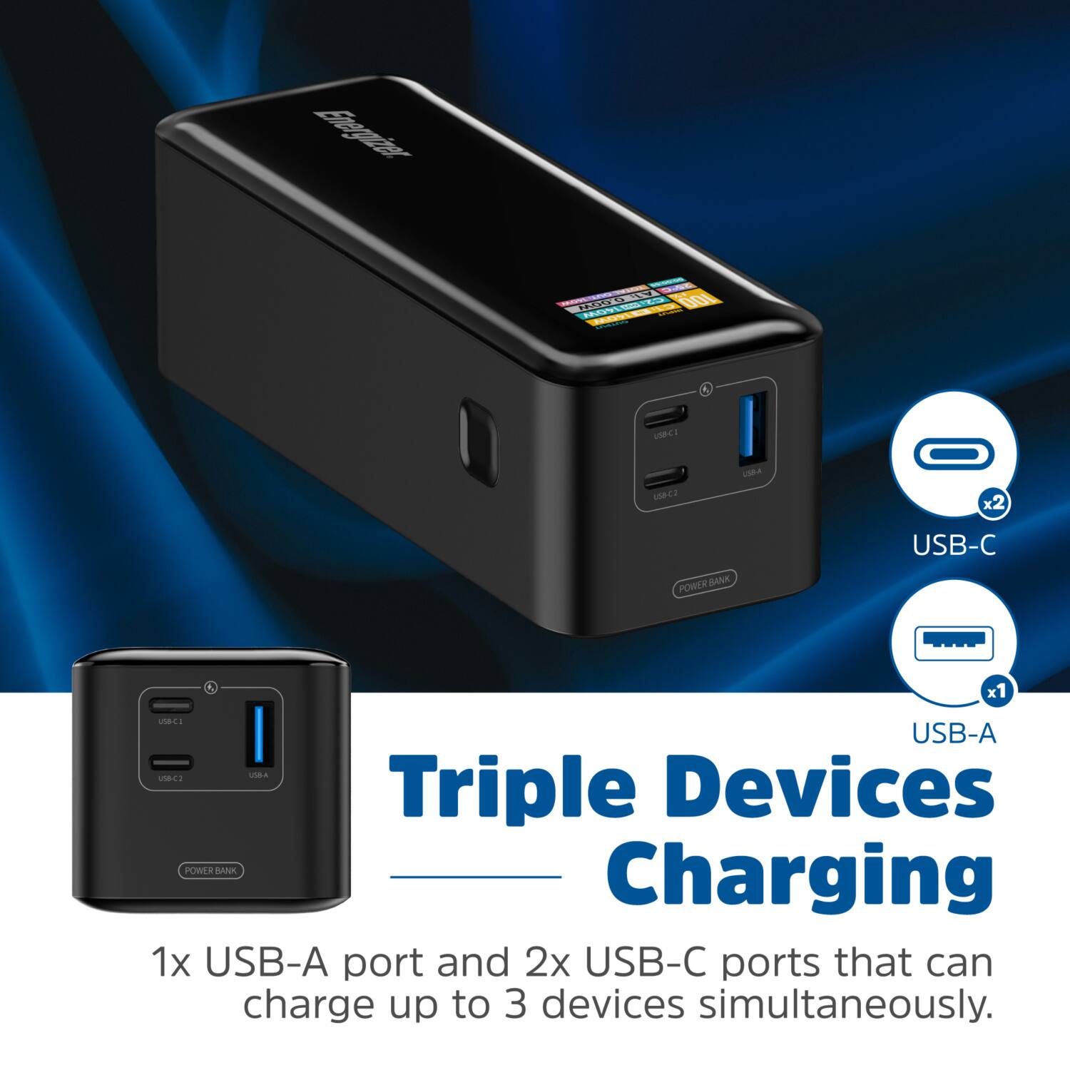 Ehegginr EL Go -  USB-C x2 POWER BANK USB-C x1 MBL USB-A LBA UAL Triple Devices POWLR SAN Charging 1x USB-A port and 2x USB-C ports that can charge up to 3 devices simultaneously.