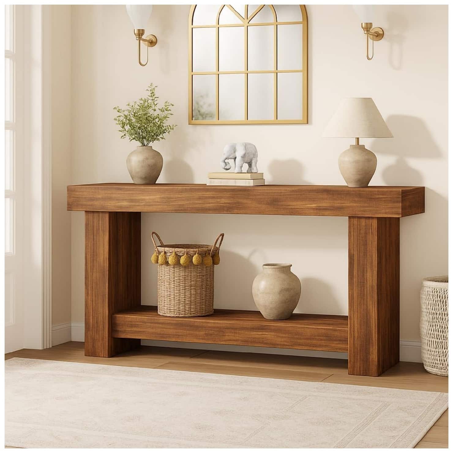 Qeetex - Wooden Farmhouse Console Table for Entryway – Large 2-Tier Sofa Table with Storage for Living Room - Flame Pattern