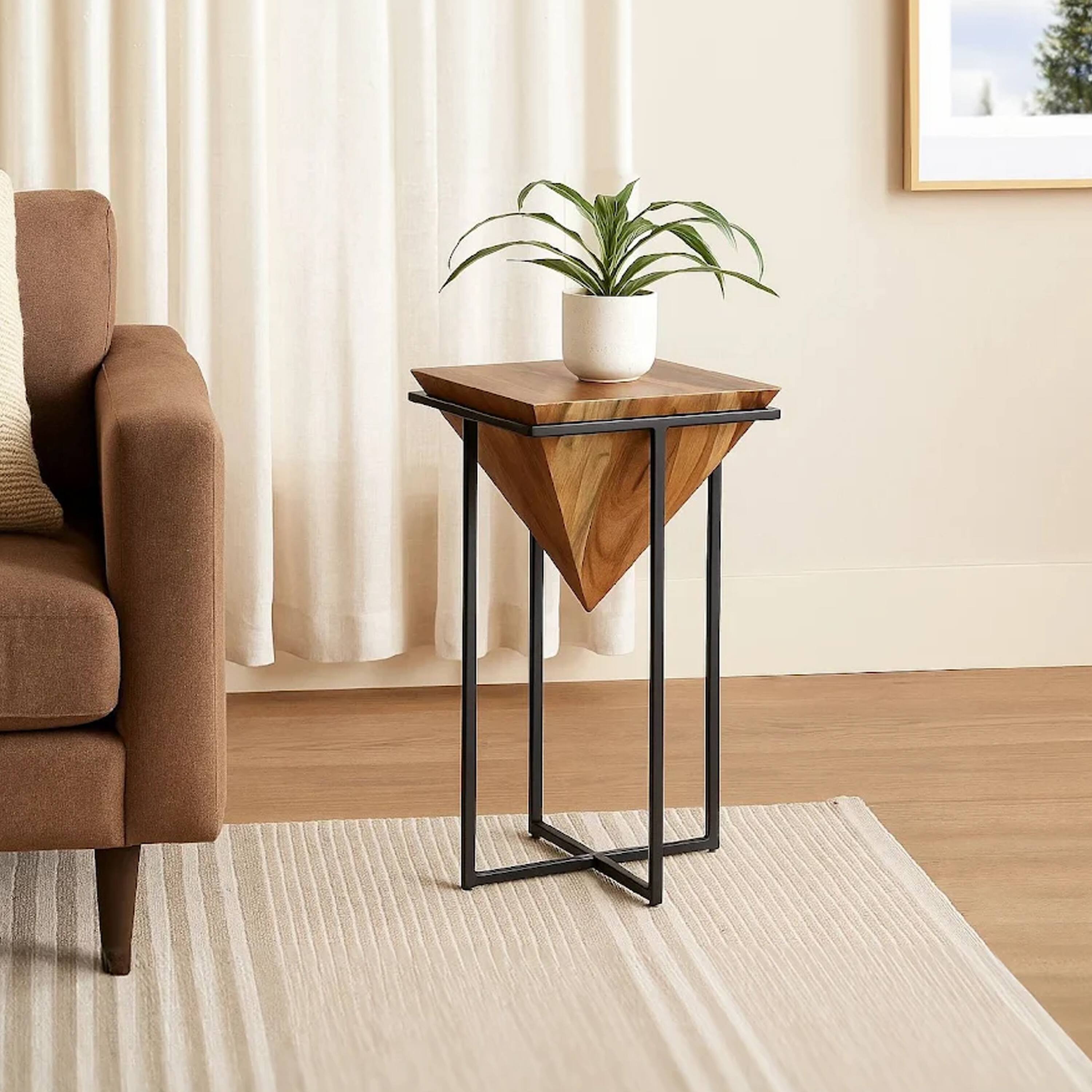 Alt View 7. Manhattan Lane - 30 Inch Pyramid Shape Acacia Wood Side Table With Cross Iron Base - Brown and Black.