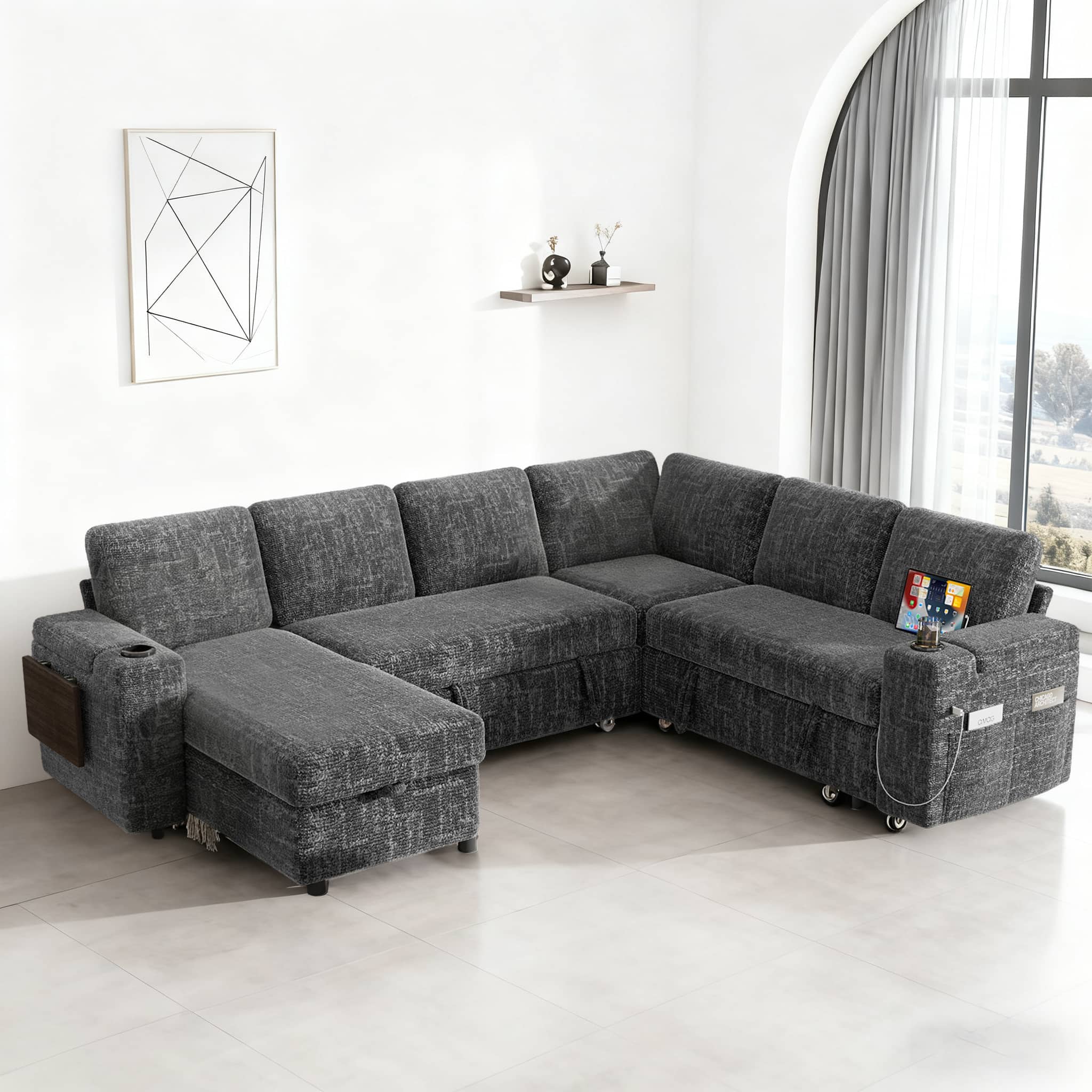 Vipbear - 110" Modular Sectional Sofa with Pull Out Bed,Chenille Fabric 7 Seat Sectional Sleeper Sofa with Storage,for Living Room - Dark Dray