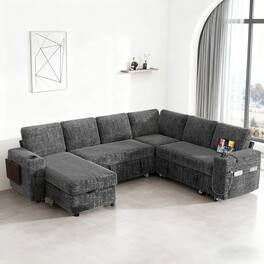 Vipbear - 110" Modular Sectional Sofa with Pull Out Bed,Chenille Fabric 7 Seat Sectional Sleeper Sofa with Storage,for Living Room - Dark Dray
