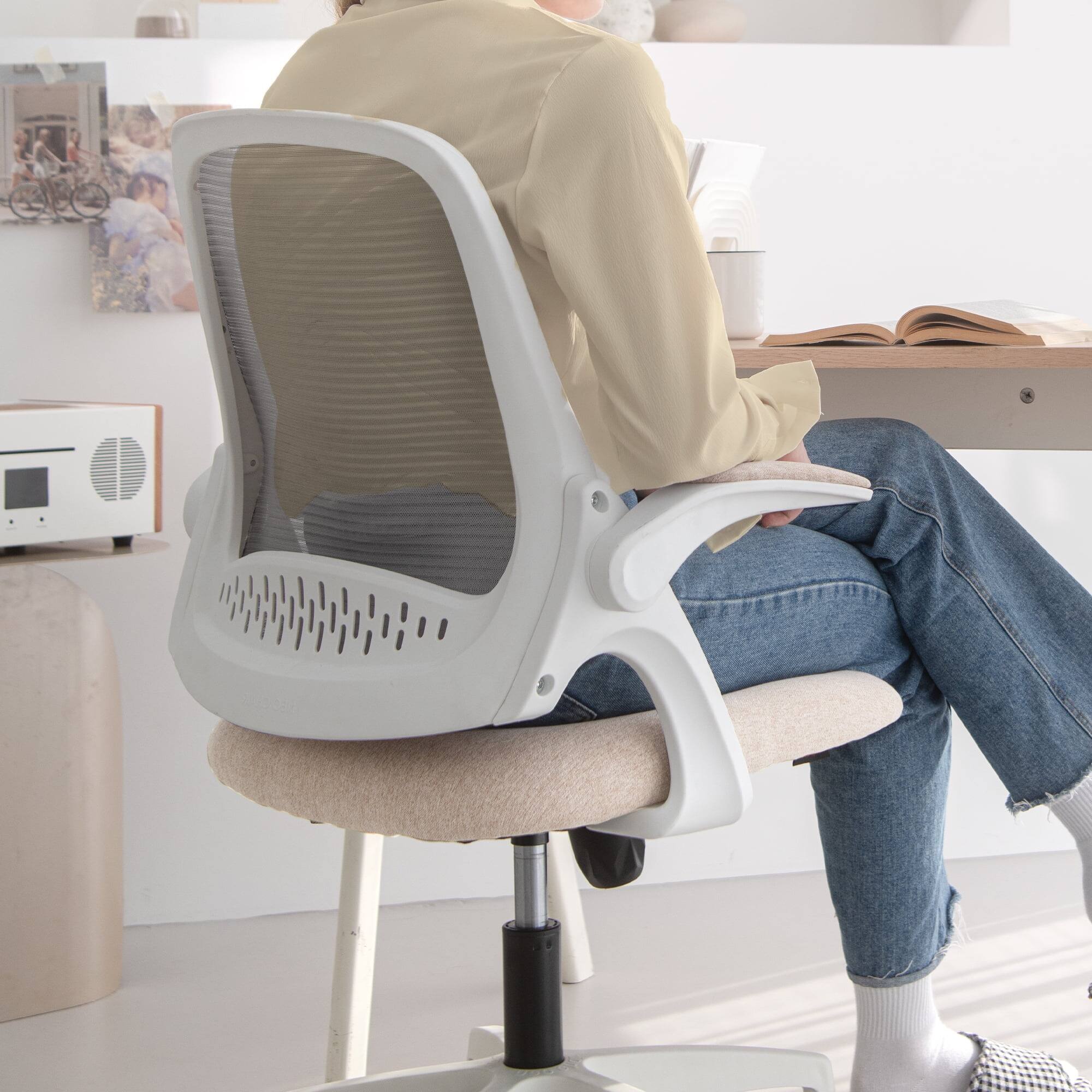 Alt View 5. Neo Chair - Office Desk Chair Computer Ergonomic Lumbar Back Support with Flip-up Padded Armrest and Wheels for Home Vanity Study - Plastic Base-Beige.